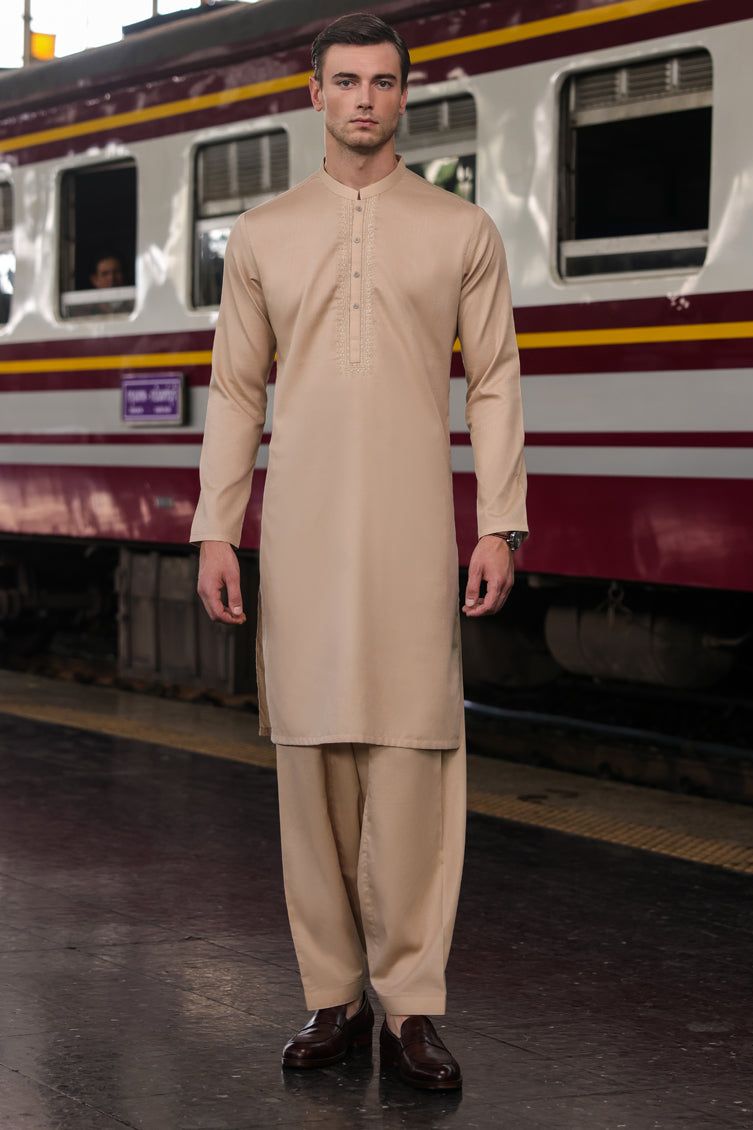 Premium Cotton Beige Shalwar Kameez by J. Junaid Jamshed - Traditional Pakistani Outfit for Men, Eid & Wedding Party Wear