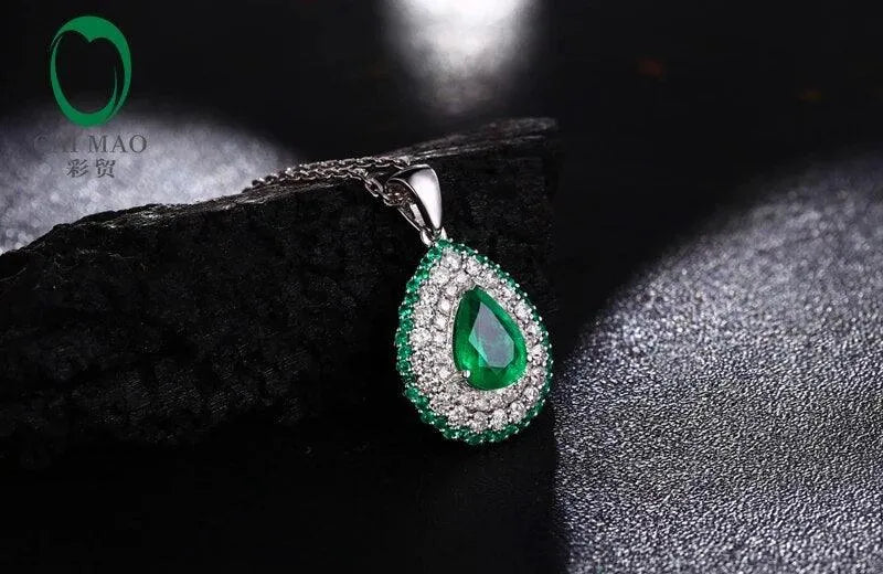 18K Gold Pear Shape 1.63ctw Natural Emerald & Diamond Engagement Pendant Necklace - Luxury Gift for Women, Anniversary, Valentine's Day, Bridal Jewelry