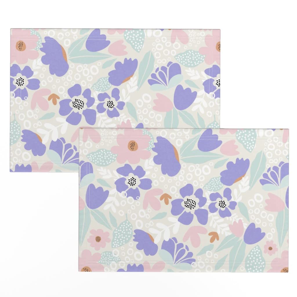Spoonflower Linen Cotton Canvas Placemats Set of 2 - Fresh Bloom Floral Print with Leaves & Dots | Spring Table Decor for Dining, Kitchen, and Party Settings | Washable & Durable Place Mats for Everyday Use