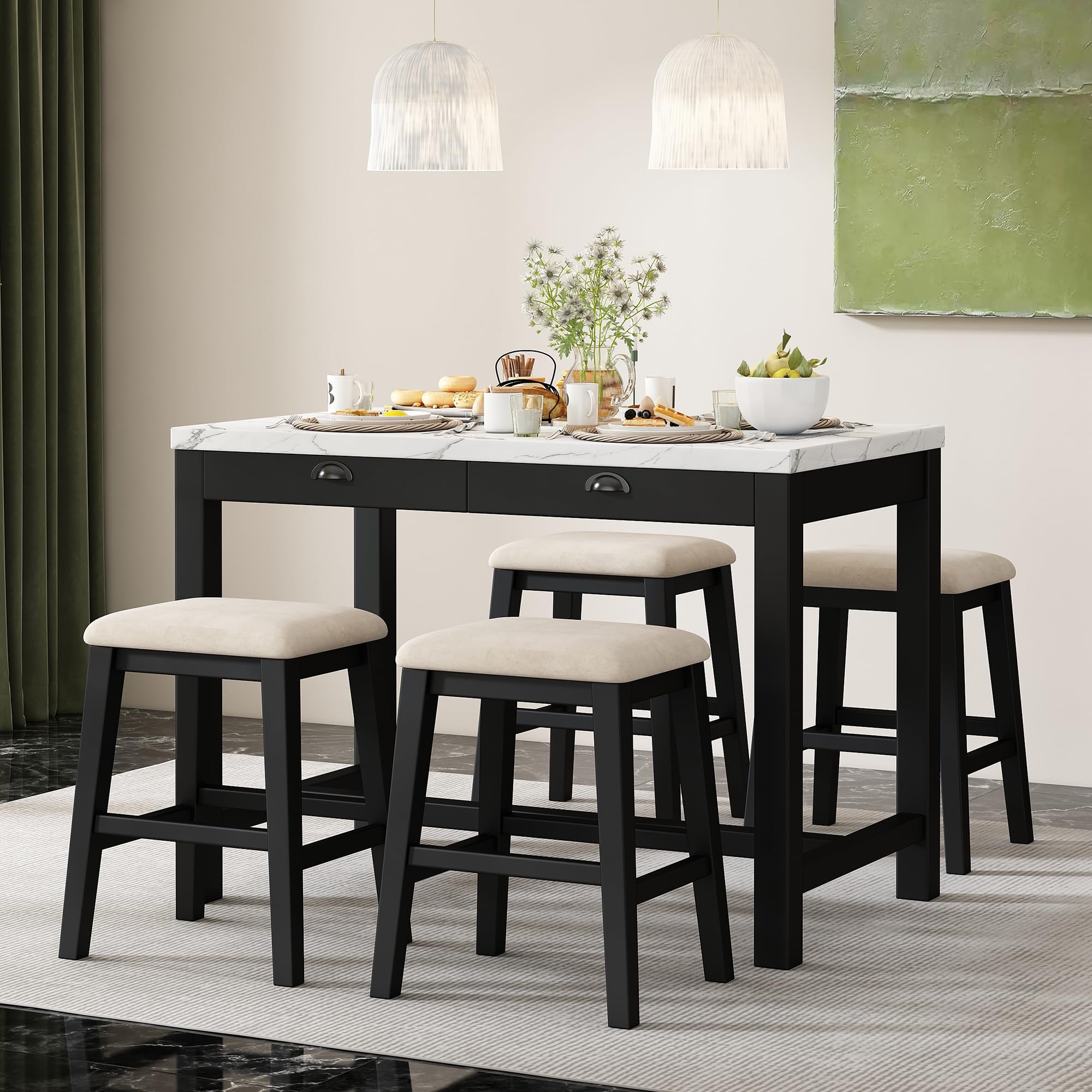 P PURLOVE 5-Piece Dining Table Set with Storage Drawers, Faux Marble Kitchen Island & 4 Padded Stools - Space-Saving Breakfast Nook Set for Small Kitchens, Apartments & Dining Areas