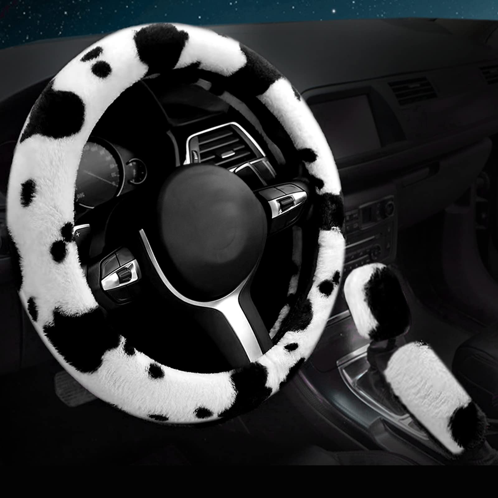 6PCS Car Interior Aesthetic Accessories Set - Fluffy Cute Cow Print Steering Wheel Cover, Armrest Pad, Seat Belt Cover & Gear Shift Cover - Perfect for Girly Car Decor & Comfort Driving