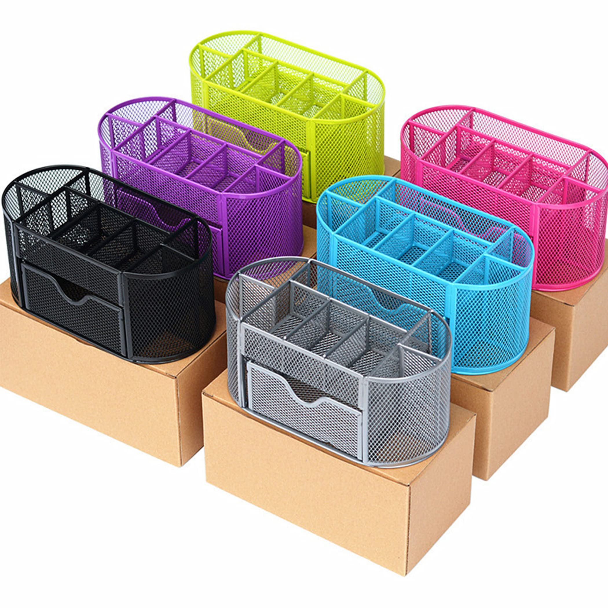 RKQOA Mesh Desk Organizer with 9 Compartments & Drawer - Metal Multifunctional Office Organizer for Pens, Stationery & Supplies | Perfect for Home Office, Workspace & School Desk Organization
