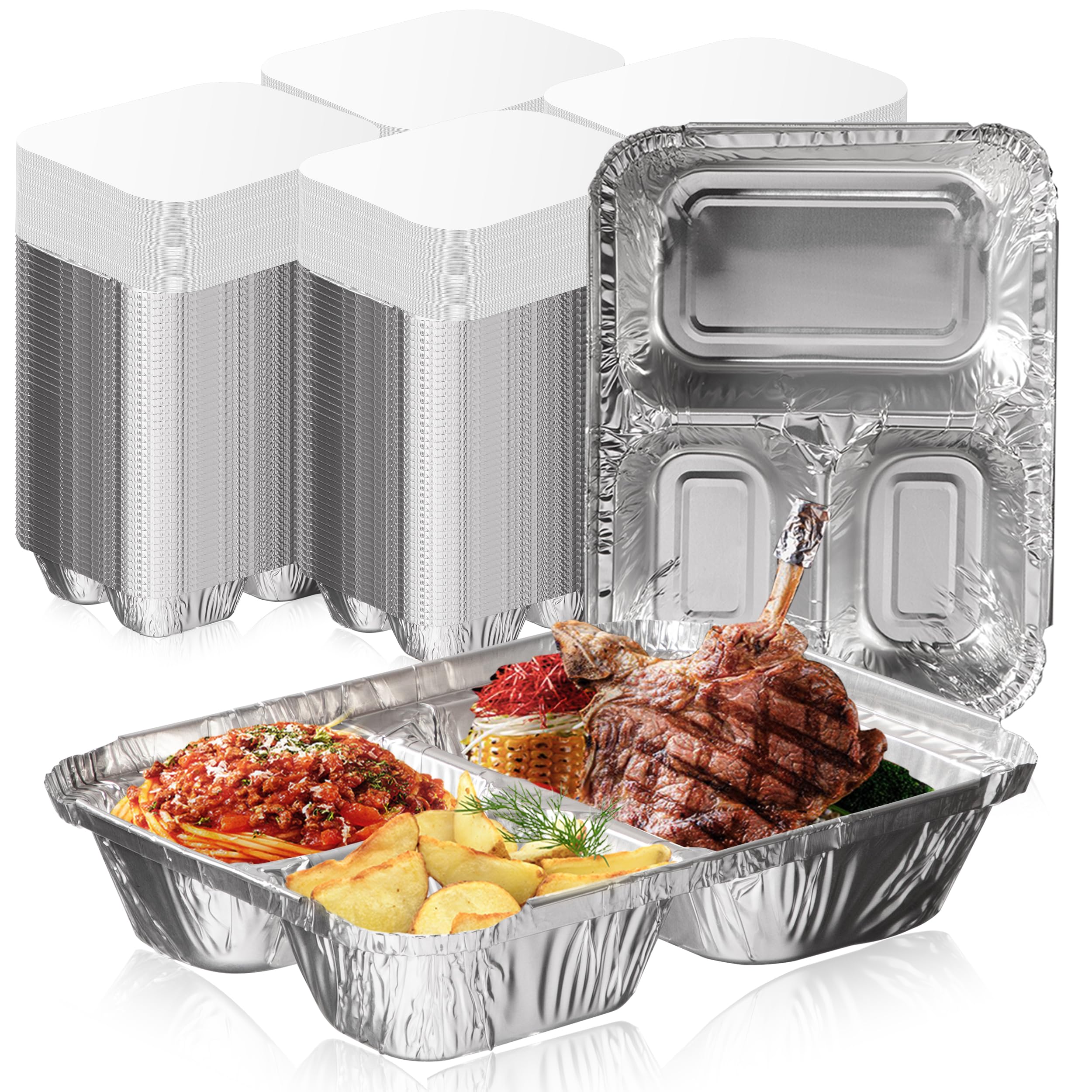 250-Pack Disposable Aluminum Foil Food Containers with Lids - 3 Compartment 8.5x6.5x1.5 Inch Rectangular Meal Prep Pans - Freezer, Oven & Microwave Safe for Takeout, Leftovers & Party Food Storage