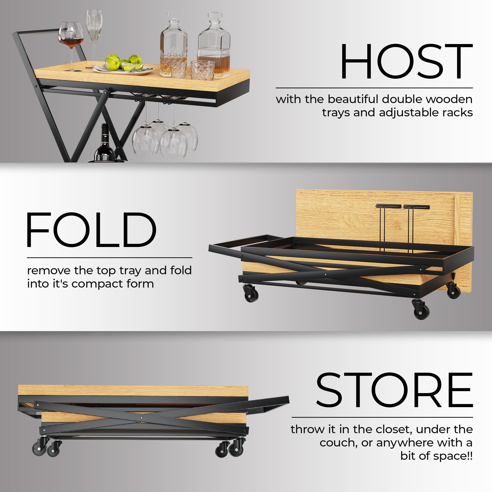 Bar Cart with Wheels - Rolling Kitchen Coffee Service, Wooden Trays, Portable Liquor & Beverage Storage, Mobile Snack & Drink Station - Perfect for Home Entertaining, Parties & Kitchen Organization