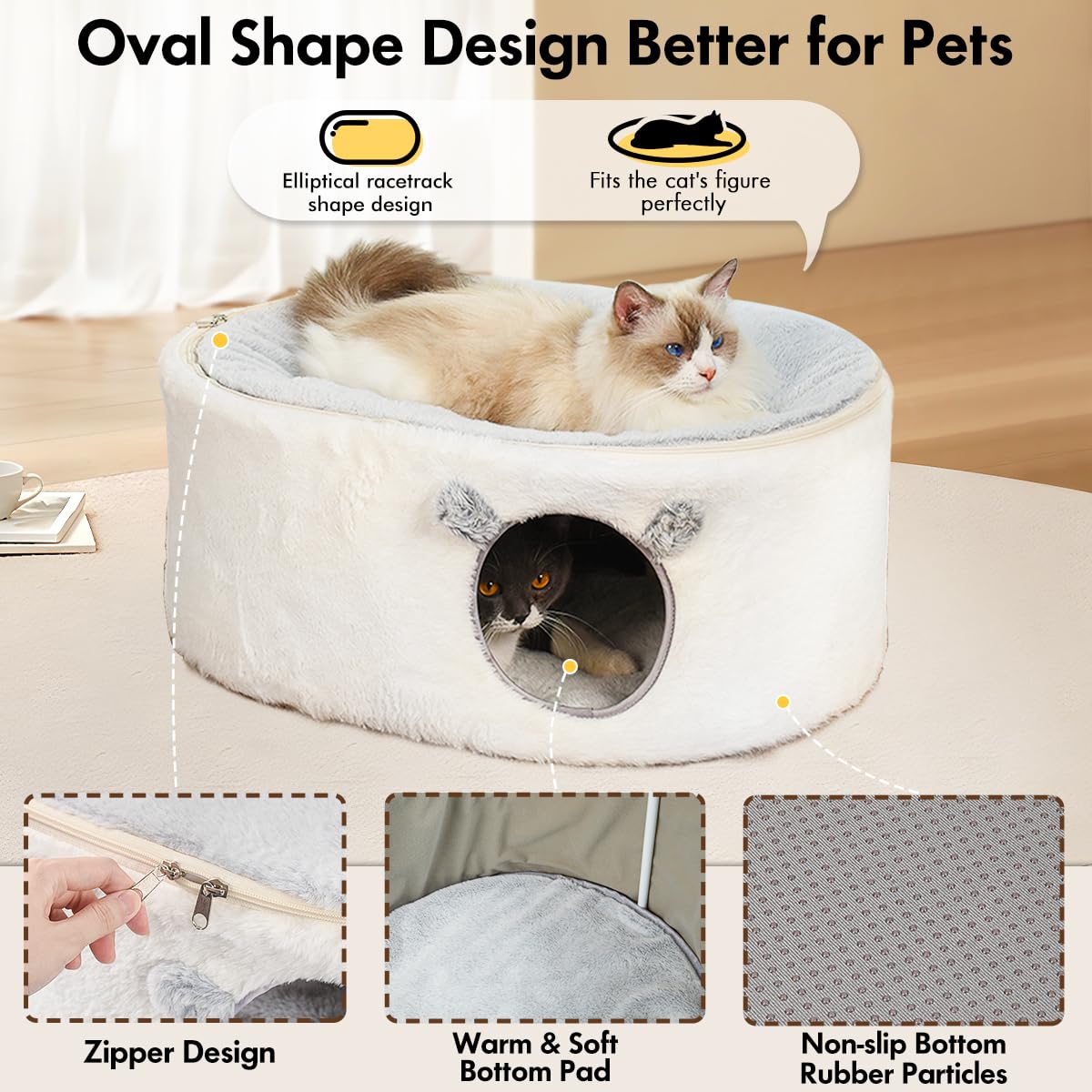 Cozy Fluffy Cat Cave Bed for Indoor Cats - Large Enclosed Cat House with Removable Washable Cover, Perfect for Kittens & Small Dogs | Oval Cat Hideaway for Sleeping & Relaxing in Living Room or Bedroom