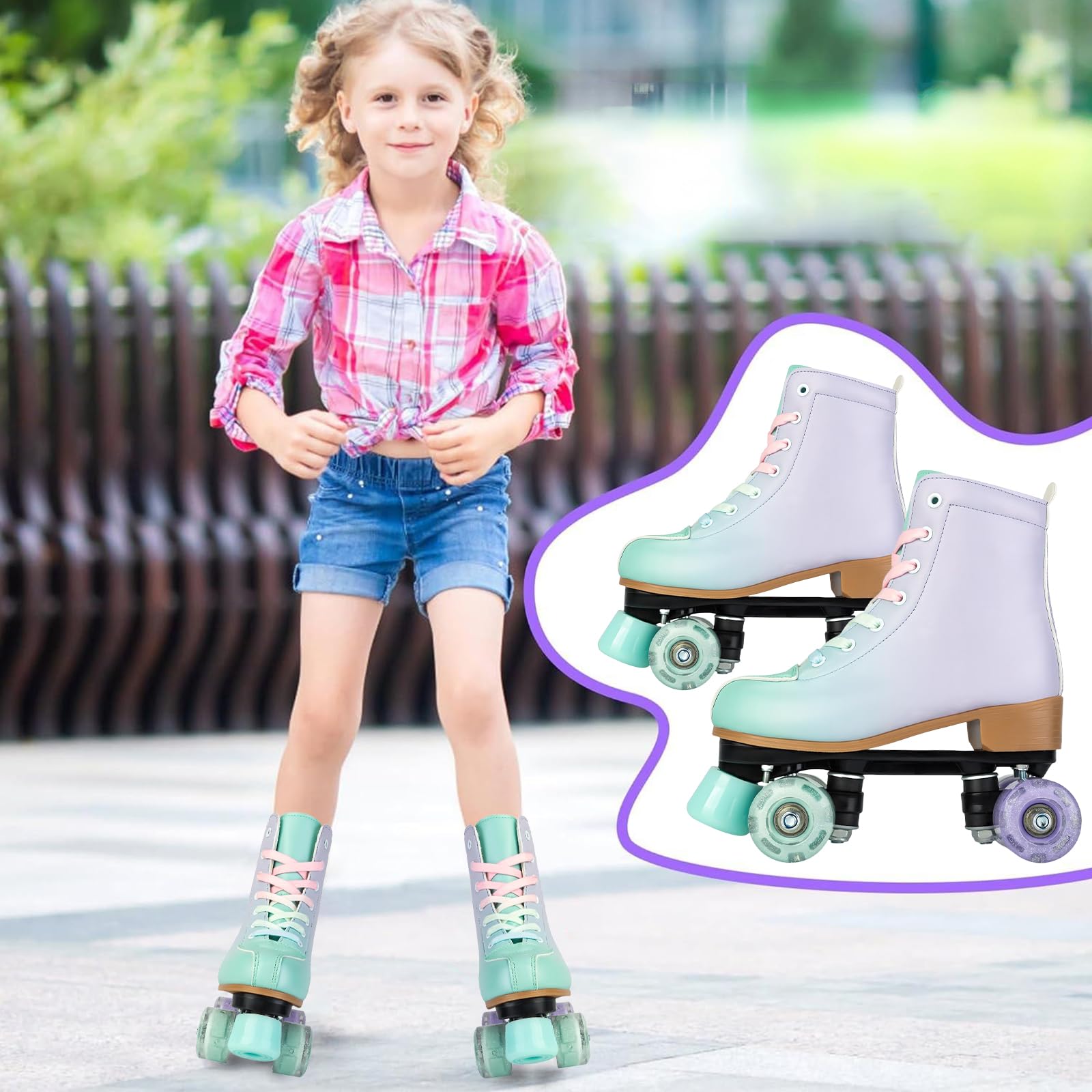 PU Leather Gradient Green & Purple Roller Skates with LED Flash Wheels for Girls & Women - Indoor & Outdoor Skates for Youth Beginners Ages 8-12 - Perfect for Rink, Park, Street Skating & Birthday Gifts