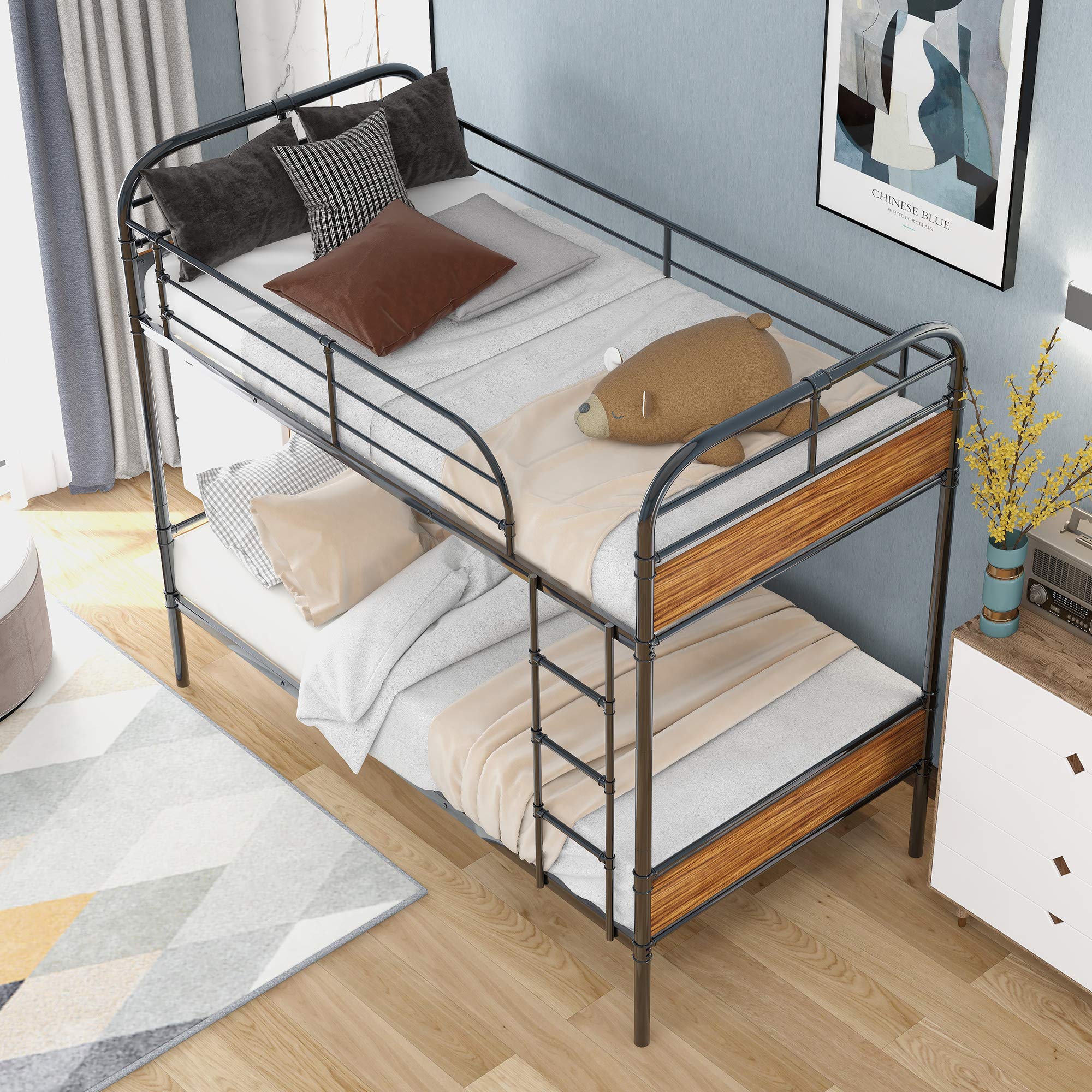 Sturdy Metal & Wood Bunk Bed Twin Over Full - Convertible Study Bed Frame with Steel Frame & Wooden Headboards for Kids, Teens & Adults - Perfect for Small Rooms, Dorms & Guest Bedrooms