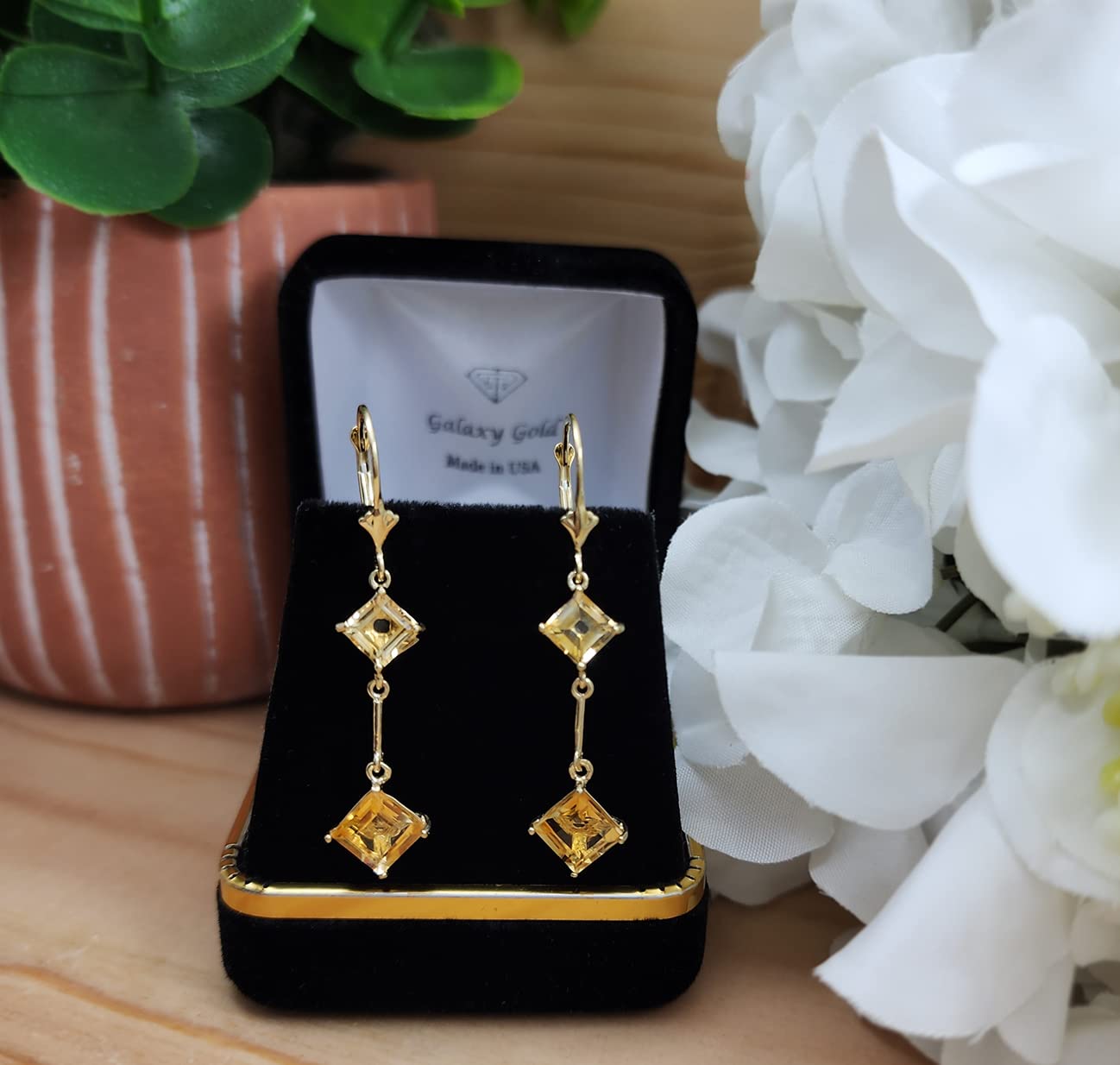 14K Solid Rose Gold Leverback Earrings with Natural Citrine Gemstones - Elegant Dangle Earrings for Women, Perfect for Weddings, Parties & Special Occasions