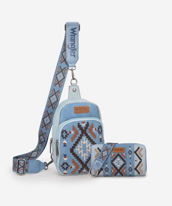 Wrangler Aztec Embroidered Whipstitch Sling Bag - Stylish Crossbody Purse for Women, Men | Perfect for Travel, Hiking & Everyday Use