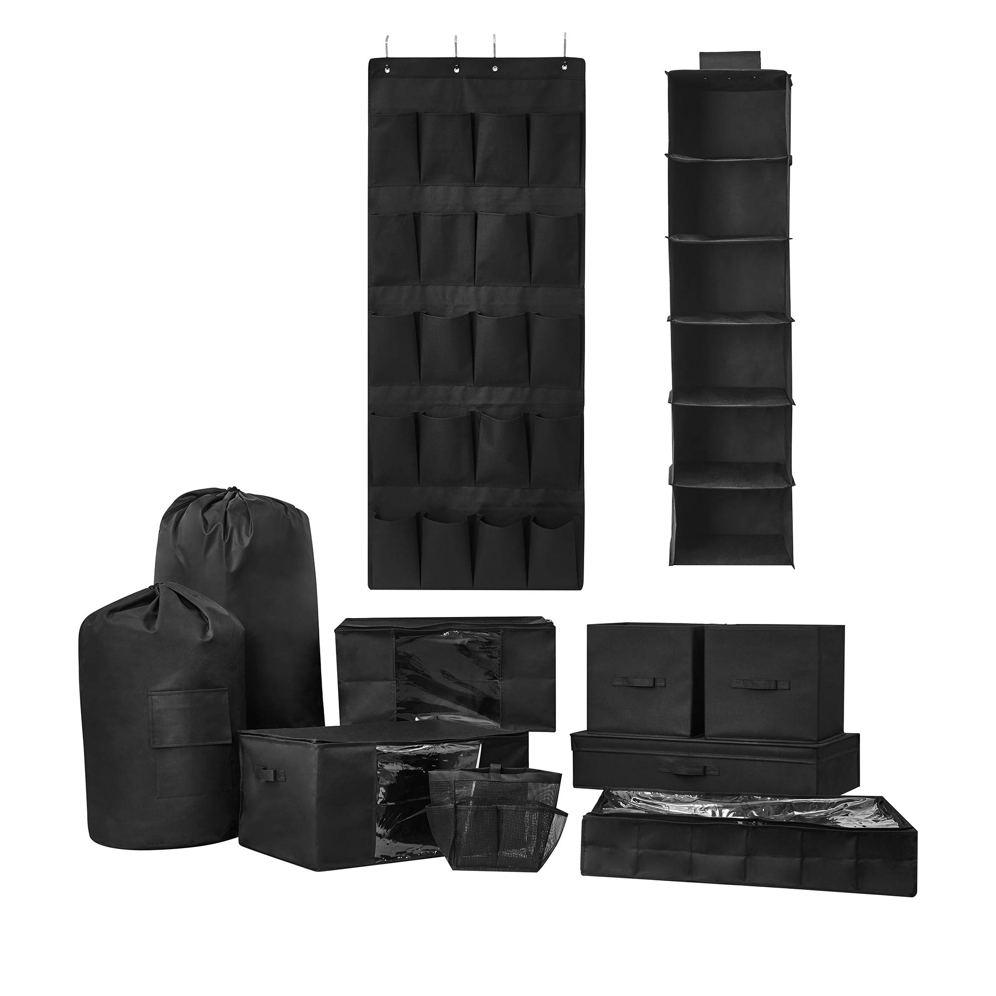 DormCo 11-Piece Complete Organization Set - TUSK® Storage Bins & Drawers for College Dorm Room - Black - Perfect for Closet, Desk & Under-Bed Storage