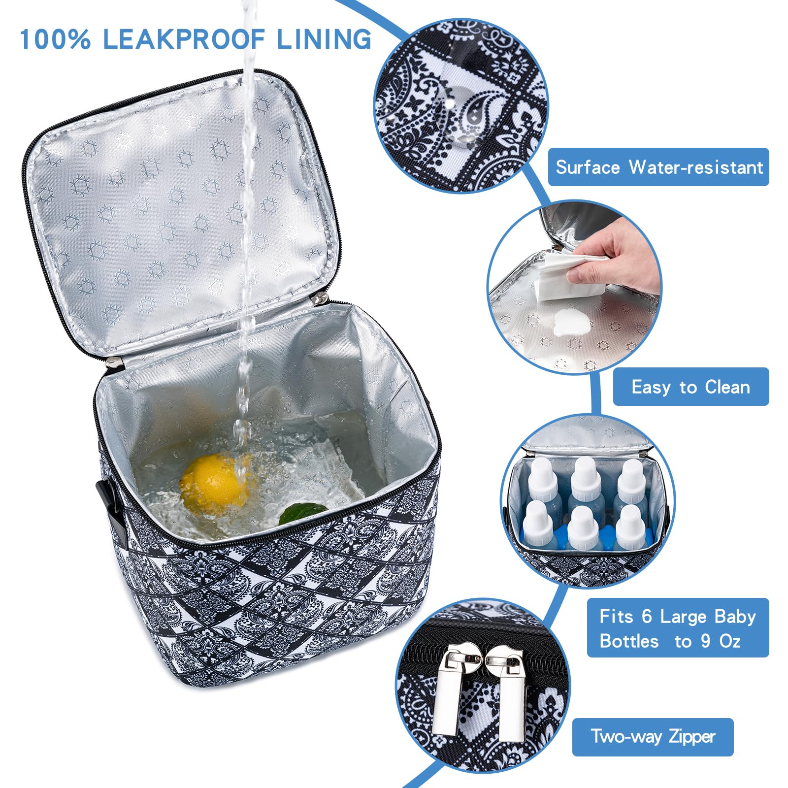 Insulated Breastmilk Cooler Bag with Ice Pack - Holds 6 Baby Bottles (9oz Each) - Adjustable Shoulder Strap for Nursing Moms - Perfect for Daycare, Work & Travel - Black