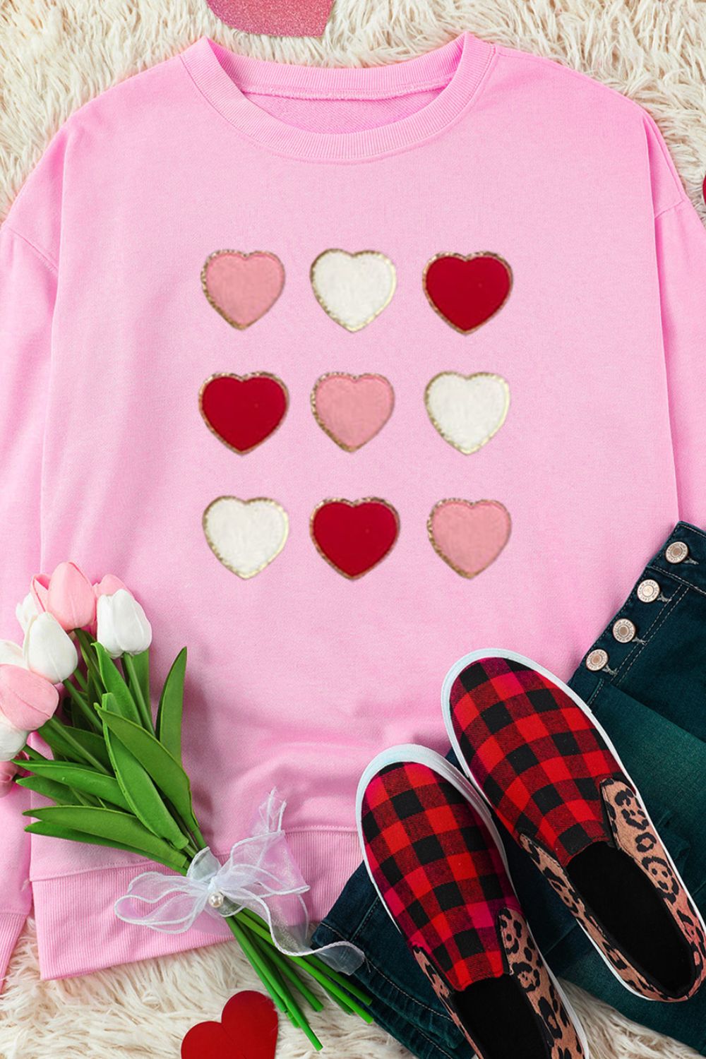 Contrast Heart Long Sleeve Sweatshirt for Women - Soft Cotton Pullover with Embroidered Design | Perfect for Casual Wear, Date Nights & Fall Layering