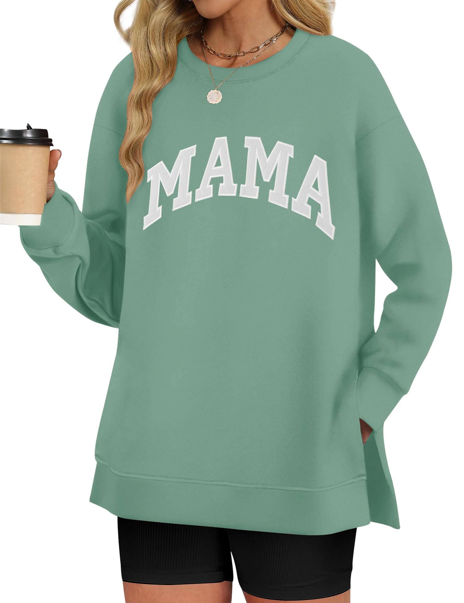 LOMON Women's Long Sleeve Crewneck Oversized T-Shirt - Split Side Graphic Tee Fall Pullover Top for Casual Wear & Layering | Perfect for Autumn Outfits, Lounge Wear & Street Style Fashion