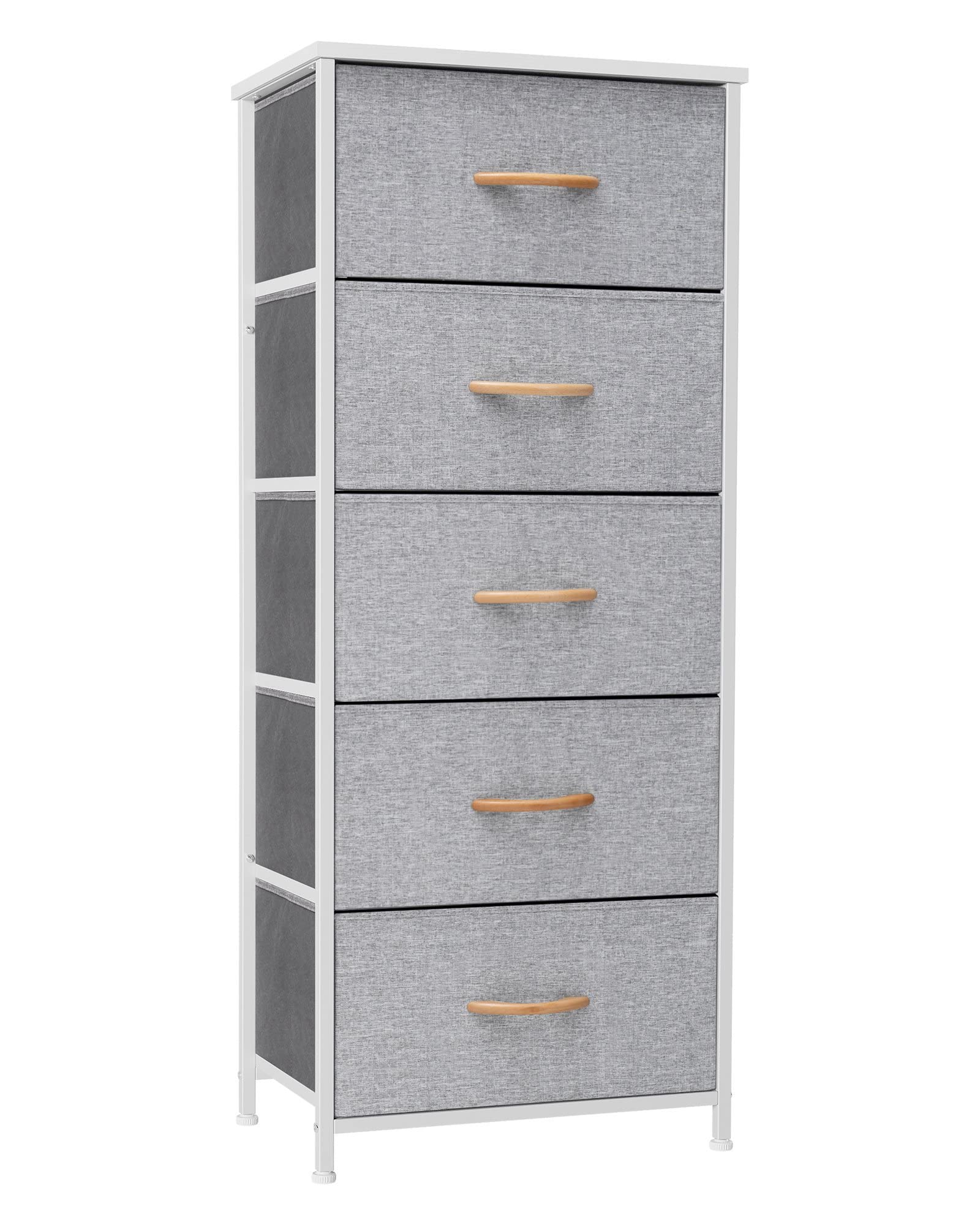 Vertical Dresser Storage Tower with Steel Frame & Wood Top - 5 Drawers for Bedroom & Closet Organization (Light Gray)