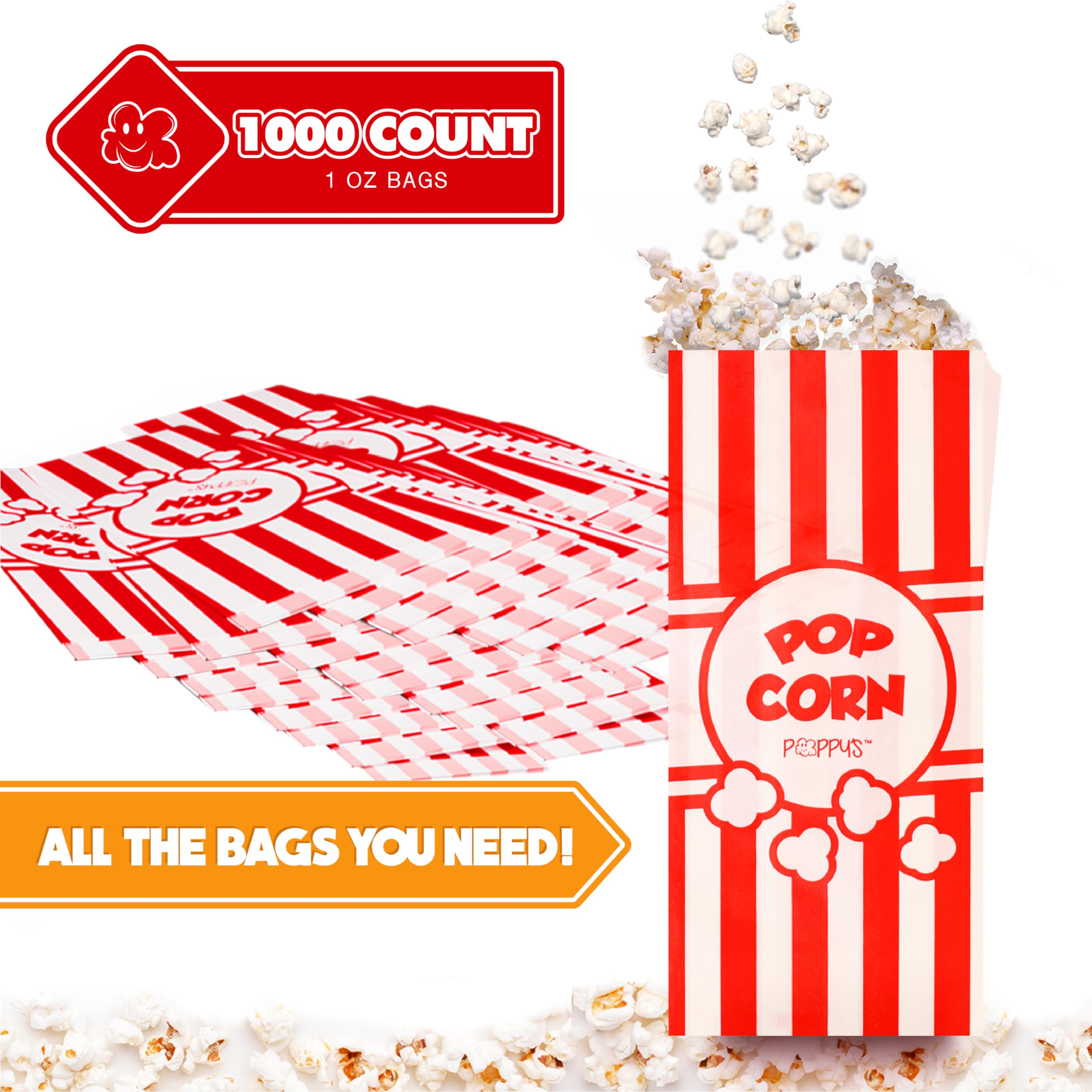 Poppy's Paper Popcorn Bags - 1000 Pack 1oz Commercial-Grade Popcorn Containers | Bulk Popcorn Machine Accessories for Movie Theaters, Carnival Snack Stands & Home Theater Nights | Perfect for Concession Stands, Birthday Parties & Family Movie Nights