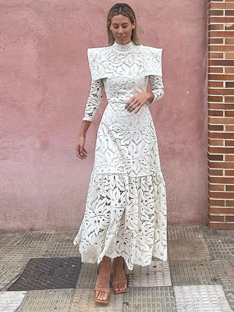 Elegant Hollow-Out Lace Maxi White Dress for Women - Fashion Mock Neck Long Sleeve Shoulder Padded Evening Gown | Perfect for Weddings, Parties & Formal Occasions 2024
