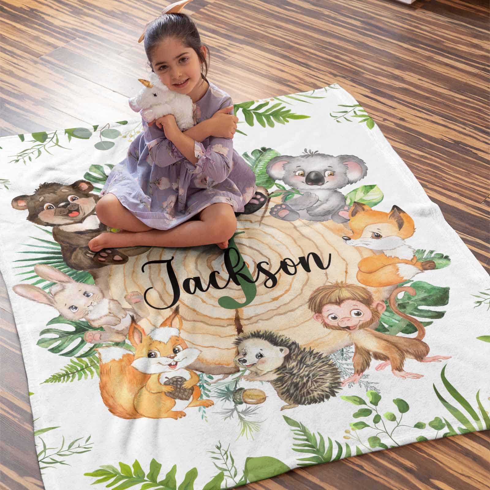 Personalized Woodland Animals Baby Blanket for Boys & Girls - Custom Name Kids Blanket 40