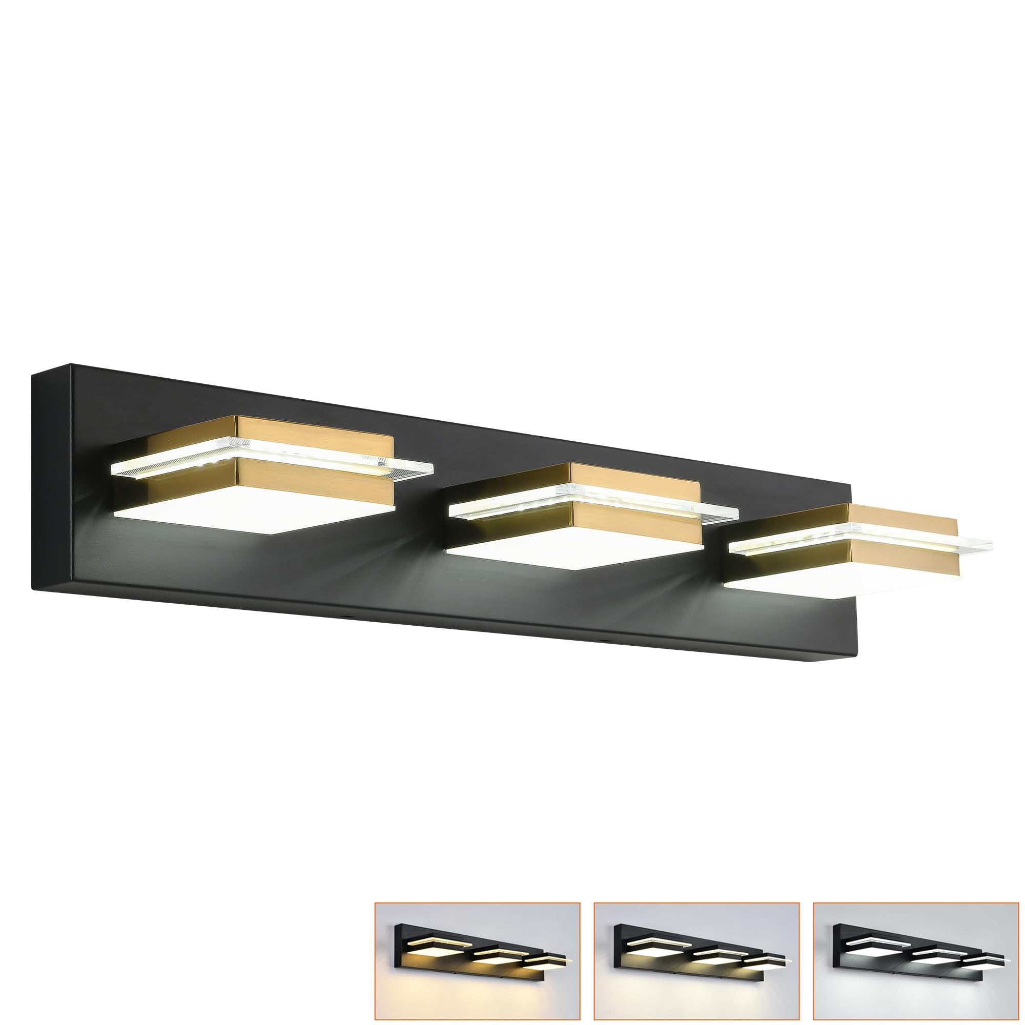 Dimmable LED Bathroom Vanity Light Fixtures - 3 Lights Wall Sconce with Matte Black Finish & Gold Metal Lampshade, Adjustable White Light 3000K-6000K (3 Color Temperatures) - Perfect for Bathroom, Bedroom, and Hallway Lighting