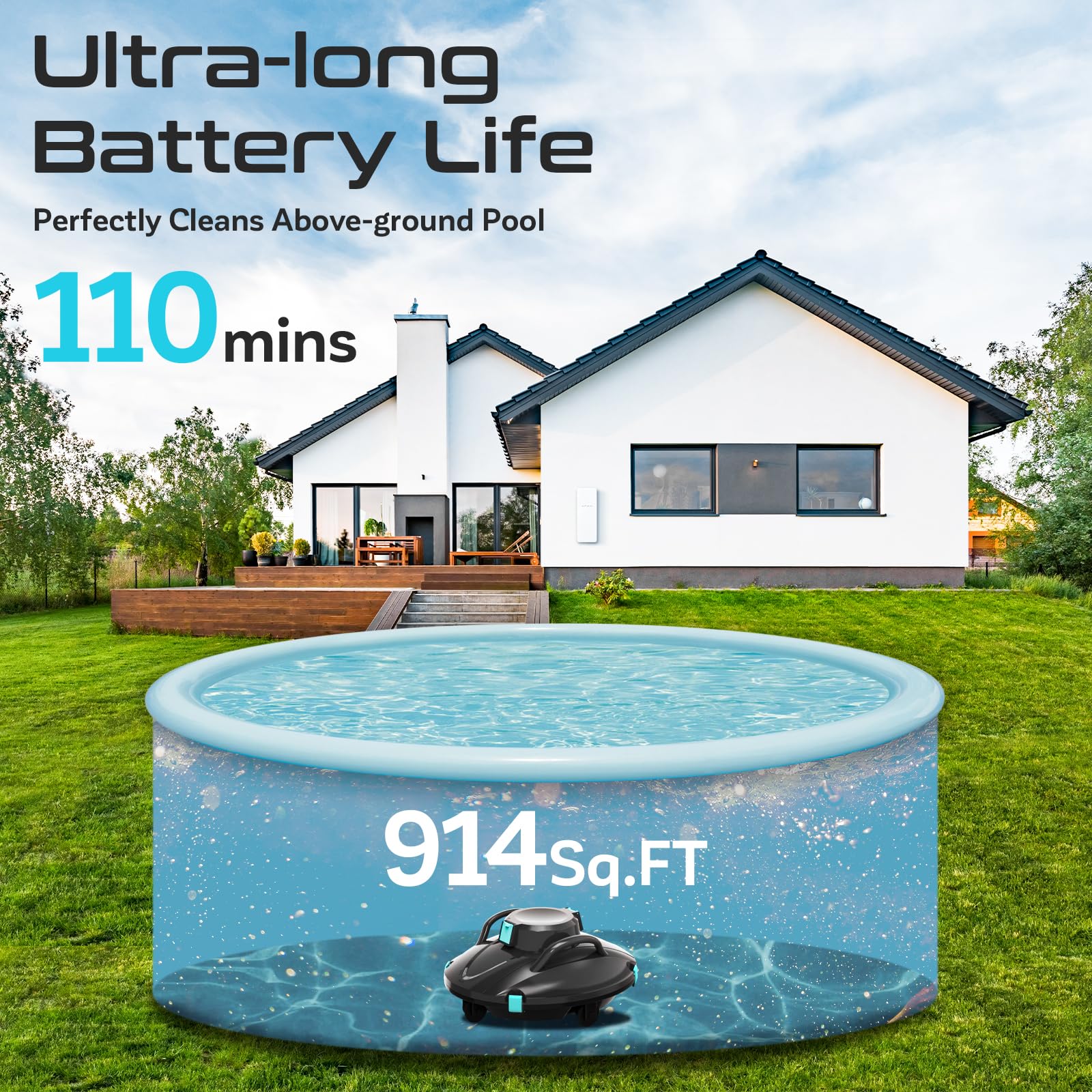 Cordless Automatic Pool Vacuum Robot Cleaner for Above Ground Pools - 5400mAh Battery Lasts 110 Minutes, Self-Parking, 6-8m/min Cleaning Speed | Perfect for Weekly Pool Maintenance & Quick Cleanups