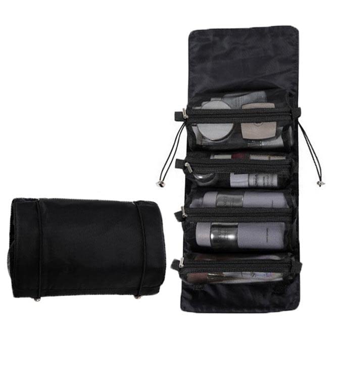 VALAMJI 4-in-1 Detachable Hanging Toiletry Bag - Foldable Travel Makeup Organizer with Removable Dividers, Portable Cosmetic Bag for Women & Girls (Black) - Perfect for Travel, Camping & Gym Essentials