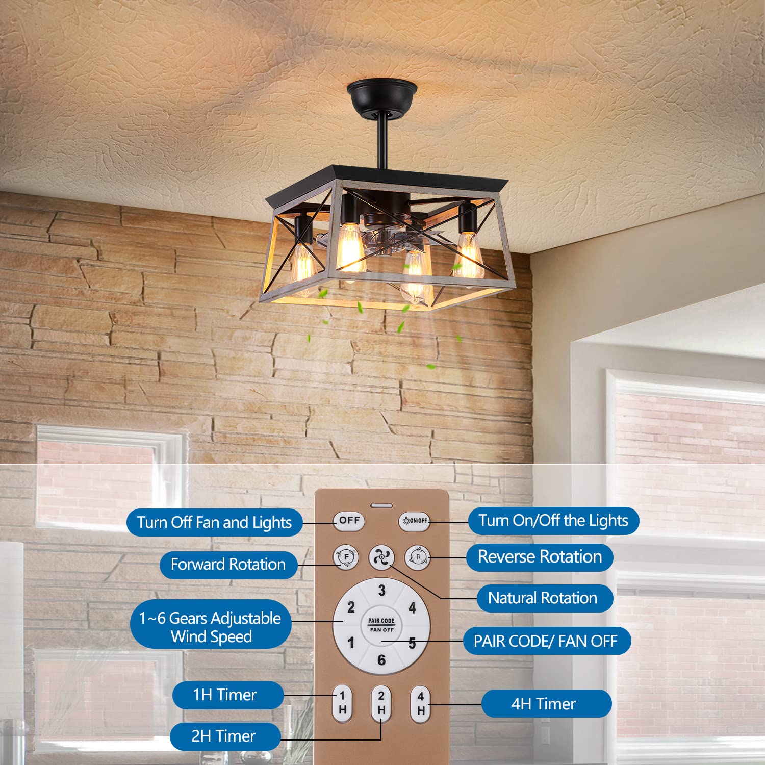 HuixuTe 52 Inch Smart Ceiling Fan with LED Light & Remote Control - 6 Speed Adjustable, Farmhouse Industrial Style, Rustic Cage Design - Perfect for Kitchen, Bedroom, Living Room & Outdoor Patio