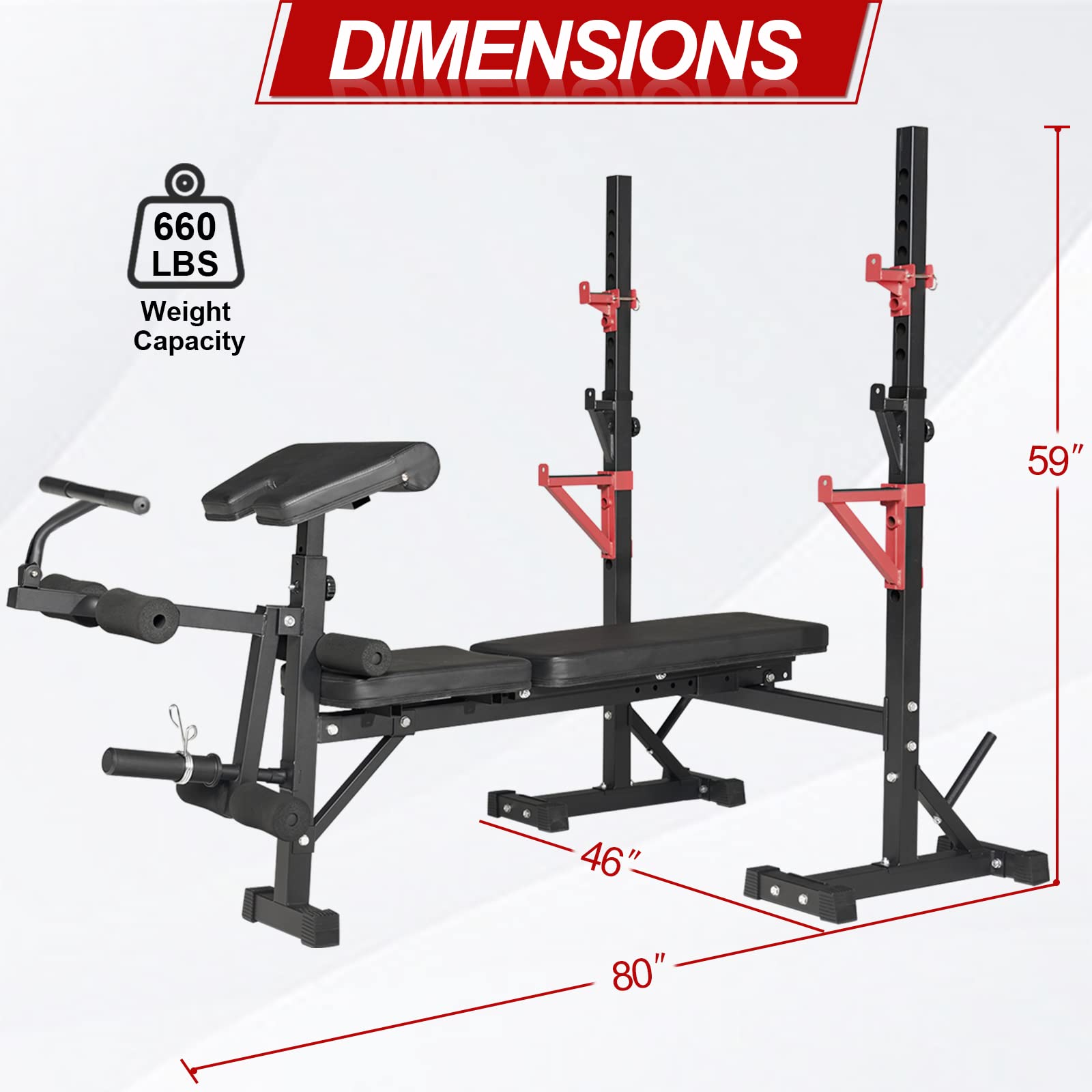 Bongkim Adjustable Weight Bench with Squat Rack - Multi-Purpose Foldable Workout Bench & Barbell Stand for Home Gym - Supports 660Lbs for Bench Press, Strength Training & Full-Body Exercises