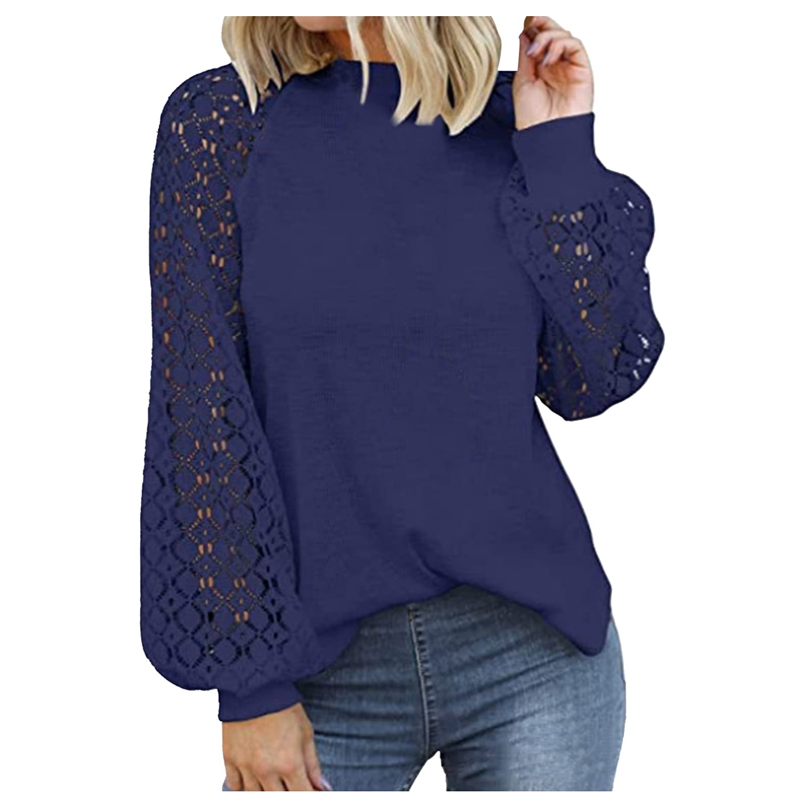 Women's Long Sleeve Casual T-Shirts - Lace Splicing Tunic Blouse Pullover Top for Everyday Wear, Office & Date Night Outfits
