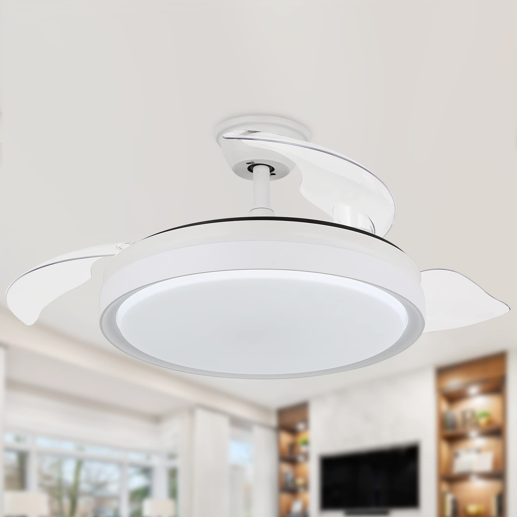 42 Inch Retractable Ceiling Fan with LED Lights & Remote Control - Modern Smart Fan with Adjustable Blades, 6 Speed DC Motor, 3 Color Temperatures & Timer - Perfect for Bedroom, Living Room & Office
