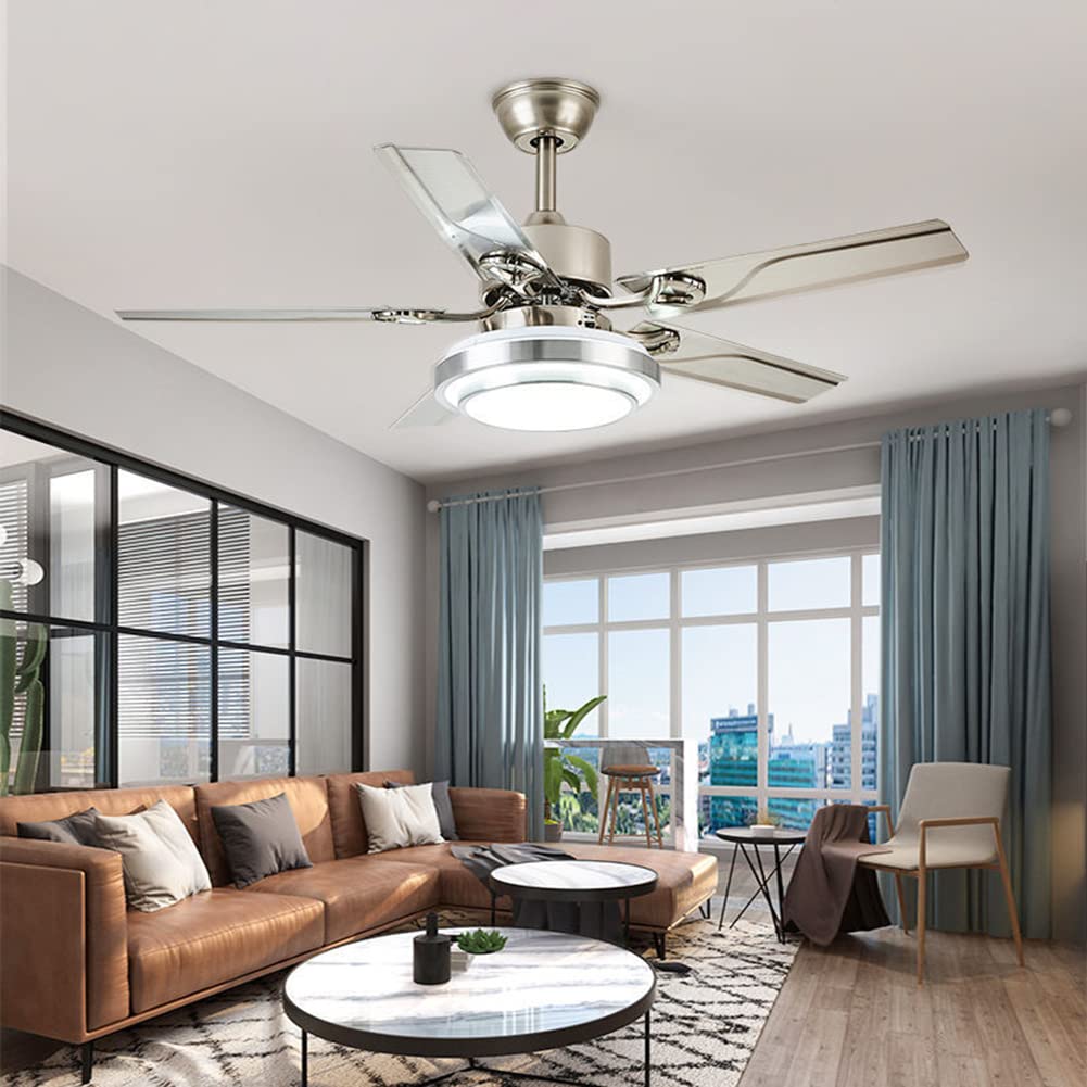 42 Inch Brushed Nickel Ceiling Fan with 5 Stainless Steel Blades, Dimmable LED Light & Remote Control - Ultra Quiet Reversible Motor for Bedroom, Dining Room & Living Room Cooling