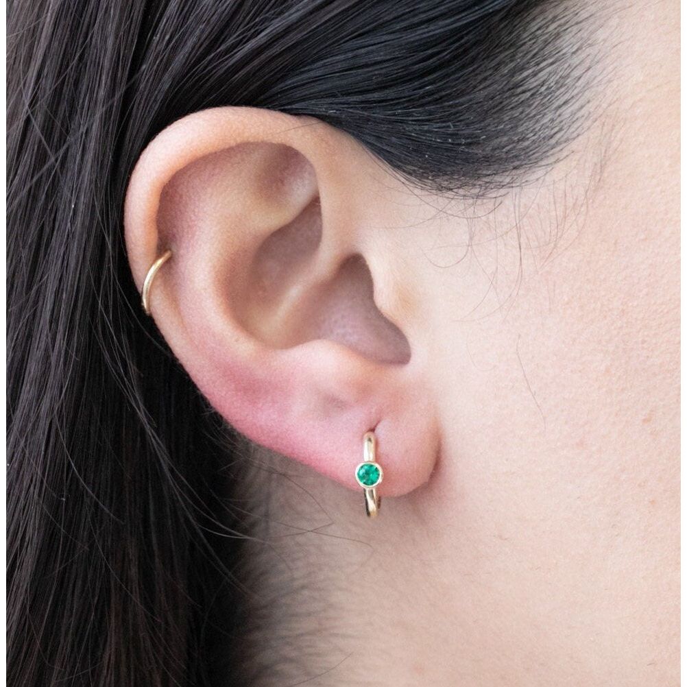 14K Solid Yellow Gold Emerald Huggie Hoop Earrings - Dainty Bezel Set Studs for Women, Perfect for Everyday Wear & Special Occasions