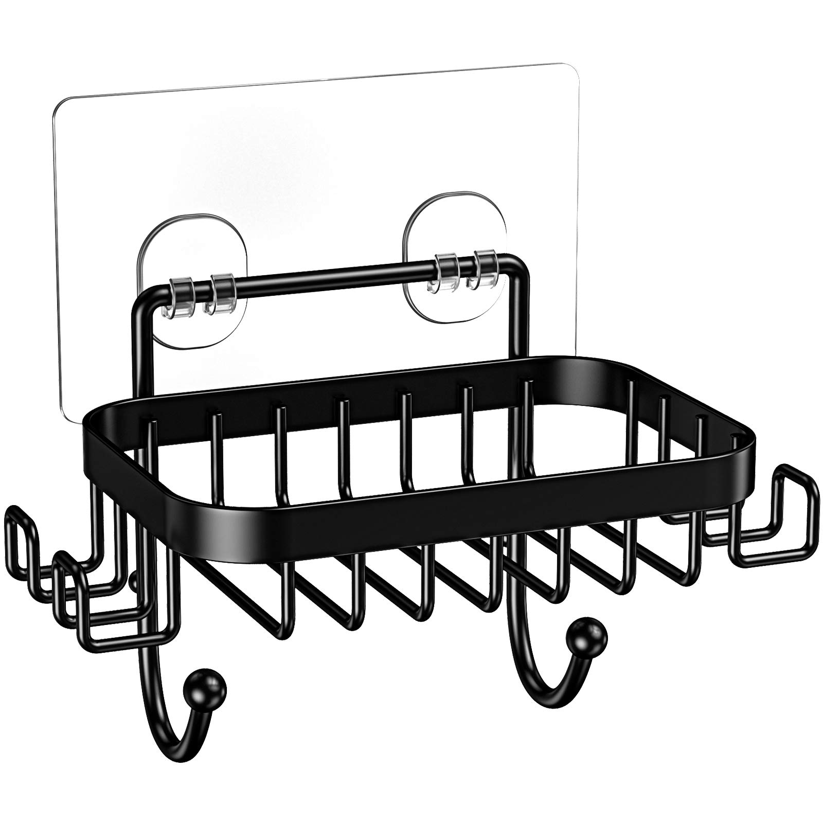 ODesign Adhesive Wall Mounted Soap Dish Holder with 6 Hooks - Loofah, Bath Sponge, Towel & Razor Organizer for Bathroom, Shower & Kitchen - No Drilling Required (Black, 1 Pack) - Perfect for Small Space Organization & Clutter-Free Bathroom Storage