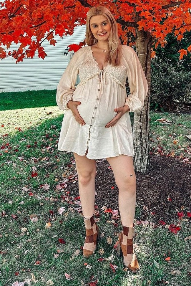 Beige Crochet Lace Button Front Maternity Dress for Pregnancy Photos, Baby Shower & Special Occasions - Comfortable Nursing Dress for Expecting Mothers