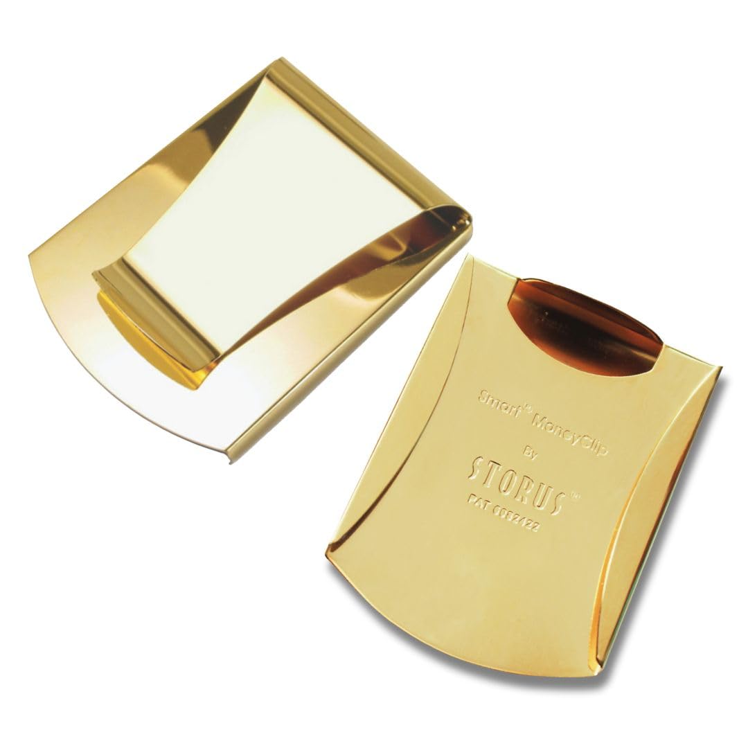 Storus Smart Money Clip - Double-Sided RFID Blocking Card Holder & Cash Clip | Slim Minimalist Front Pocket Wallet for Men | Perfect for Golfers, Students & Business Professionals | Luxury Stainless Steel with Gold Finish | Ideal for Everyday Carry, Travel & Gifting