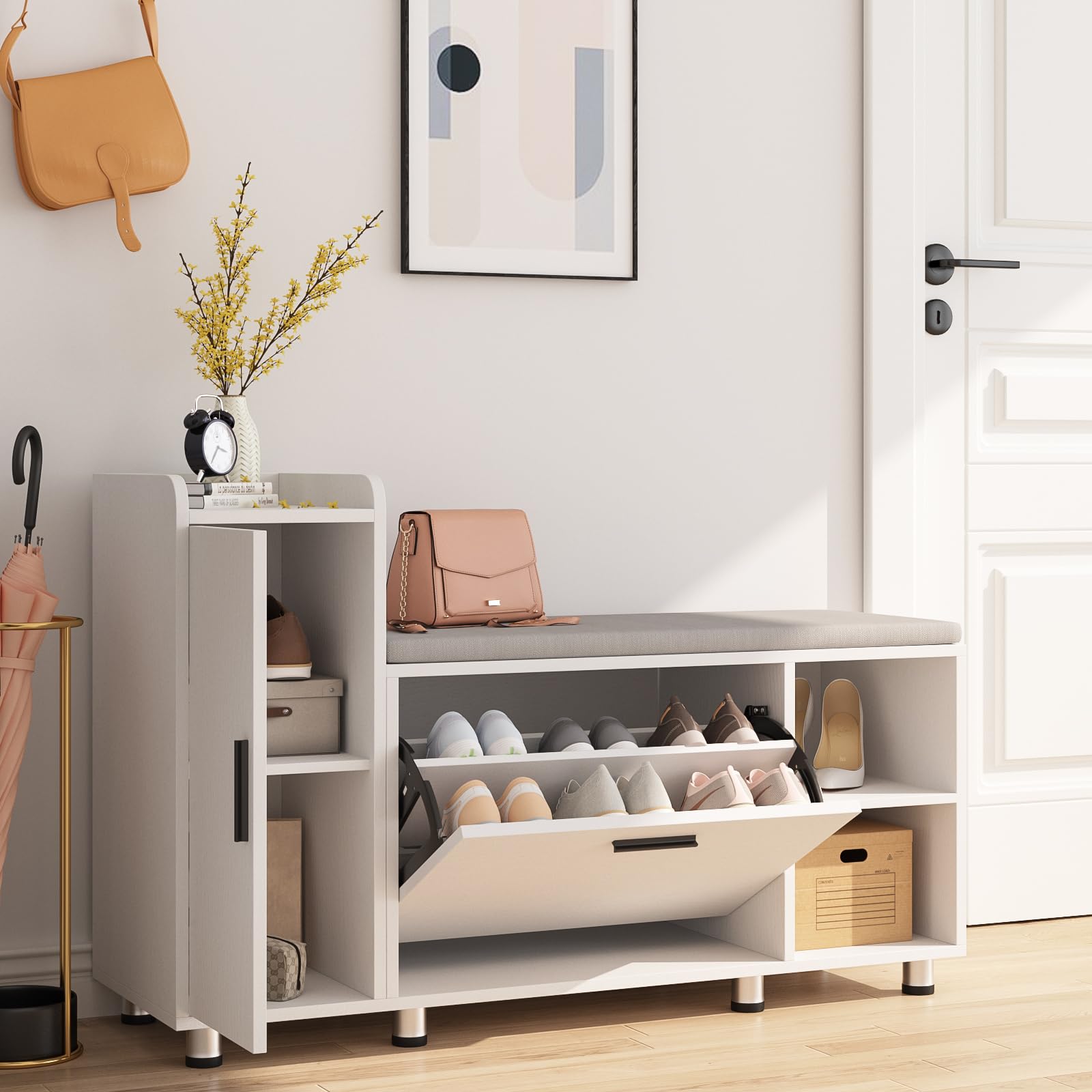 Maupvit Shoe Storage Bench with Flip Drawer Shoe Cabinet - 8 Adjustable Metal Feet, White Entryway Organizer for Hallway, Bedroom & Closet Storage Solution