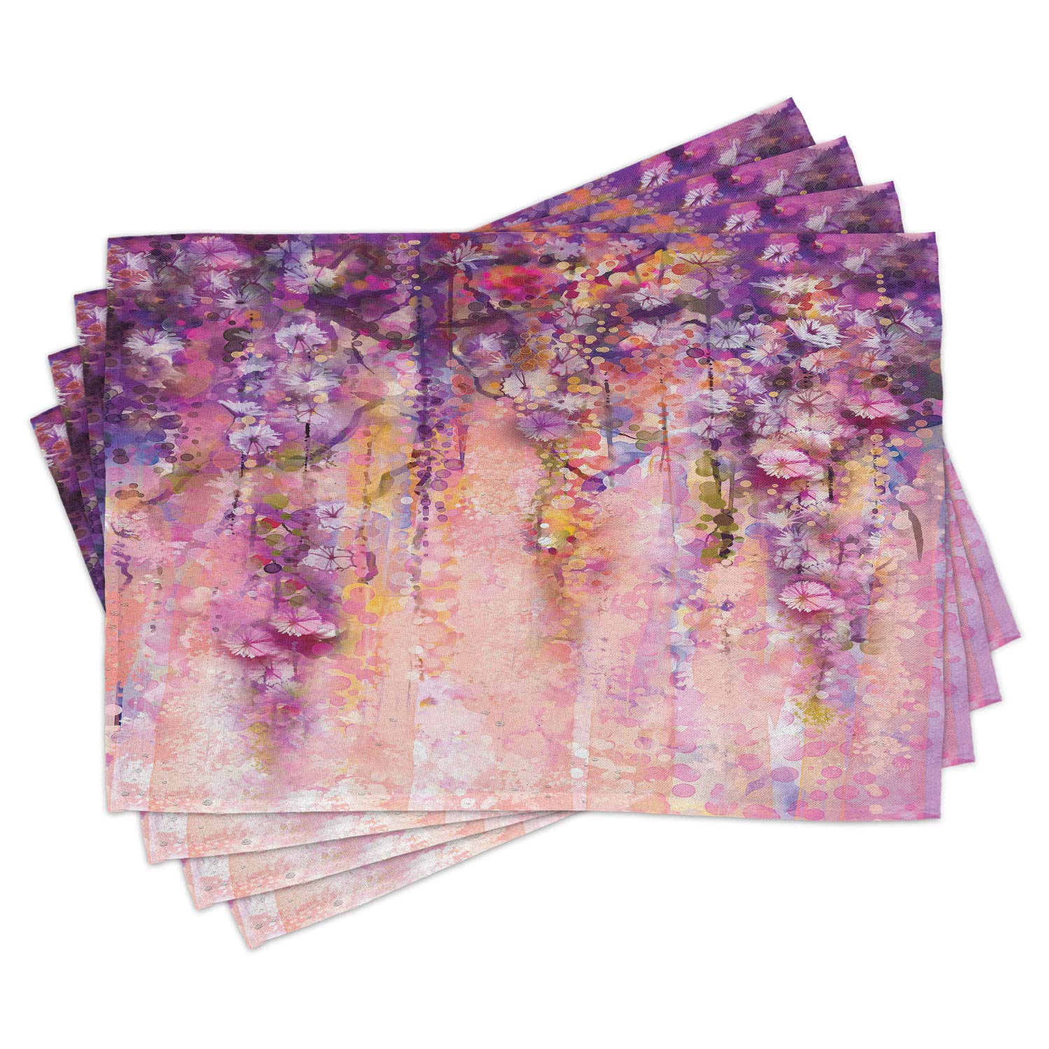 Ambesonne Floral Placemats Set of 4 - Watercolor Wisteria Tree Blossom Design, Soft Fabric Washable Table Mats for Dining Room & Kitchen Decor in Violet Purple Pink | Perfect for Spring Tablescapes, Dinner Parties & Home Styling