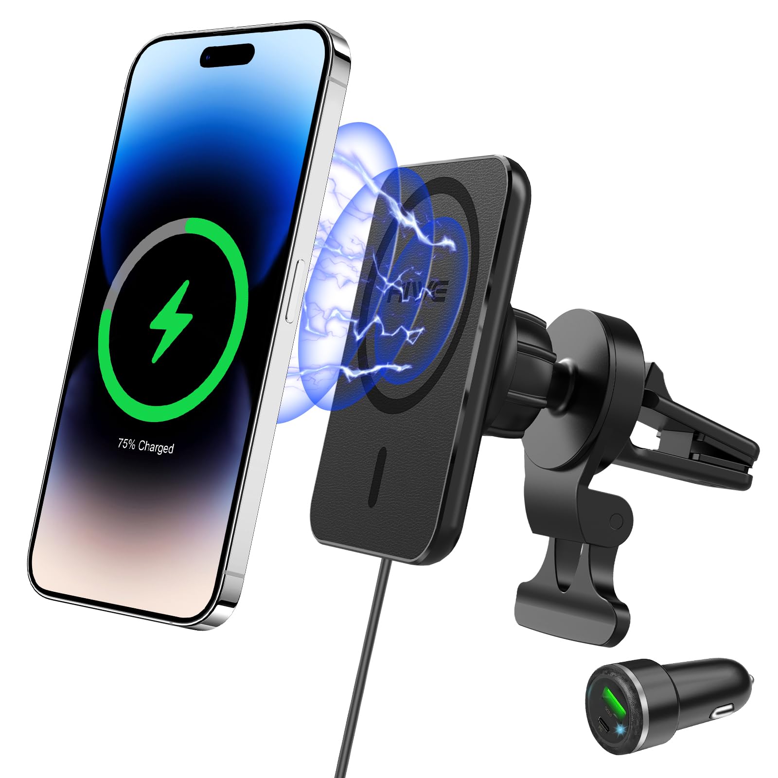 15W Magnetic Wireless Car Charger for MagSafe iPhone 16/15/14/13/12 Series - Strong Hold Fast Charging Phone Mount with USB Car Adapter (Black) | Perfect for Safe Hands-Free Charging While Driving
