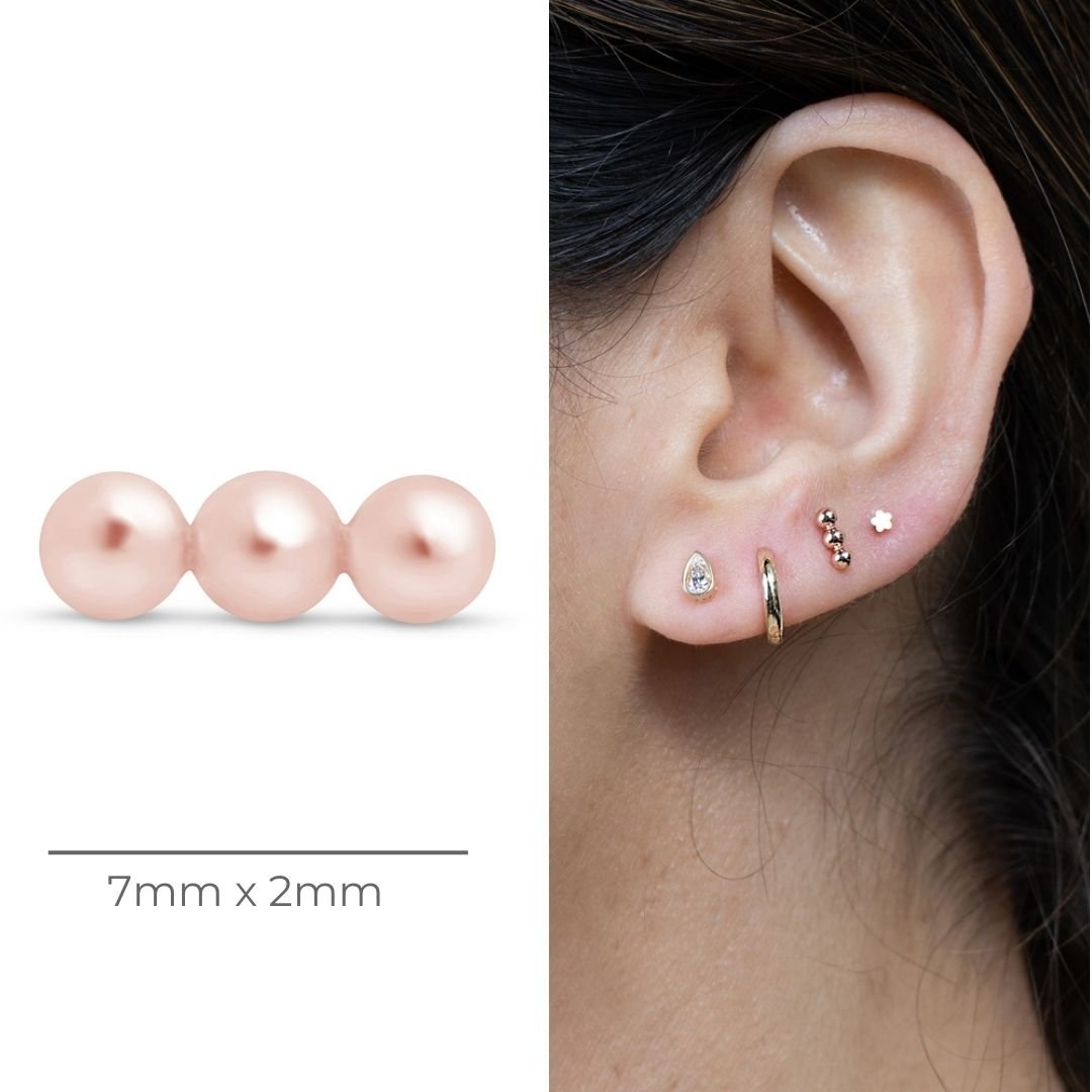 14K Rose Gold Three Bead Bar Flat Back Stud Earrings - Minimalist Dainty Jewelry for Everyday Wear, Gift for Her, Wedding & Special Occasions