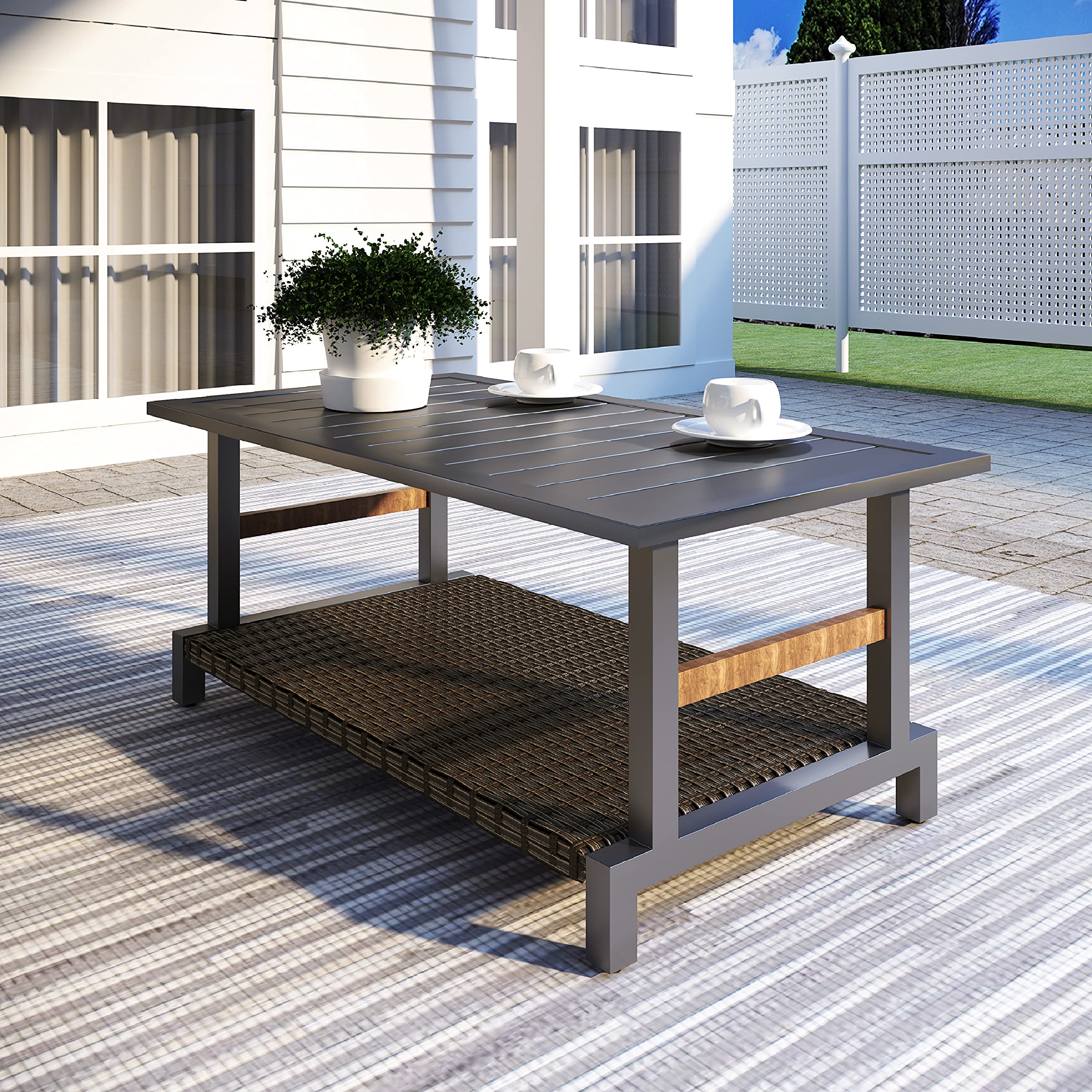 LOKATSE HOME Outdoor Coffee Table - Rectangle Patio Bistro Dining Furniture with Wicker Rattan & 2-Shelf Storage - Grey - Perfect for Backyard, Garden, Poolside, and Balcony Relaxation