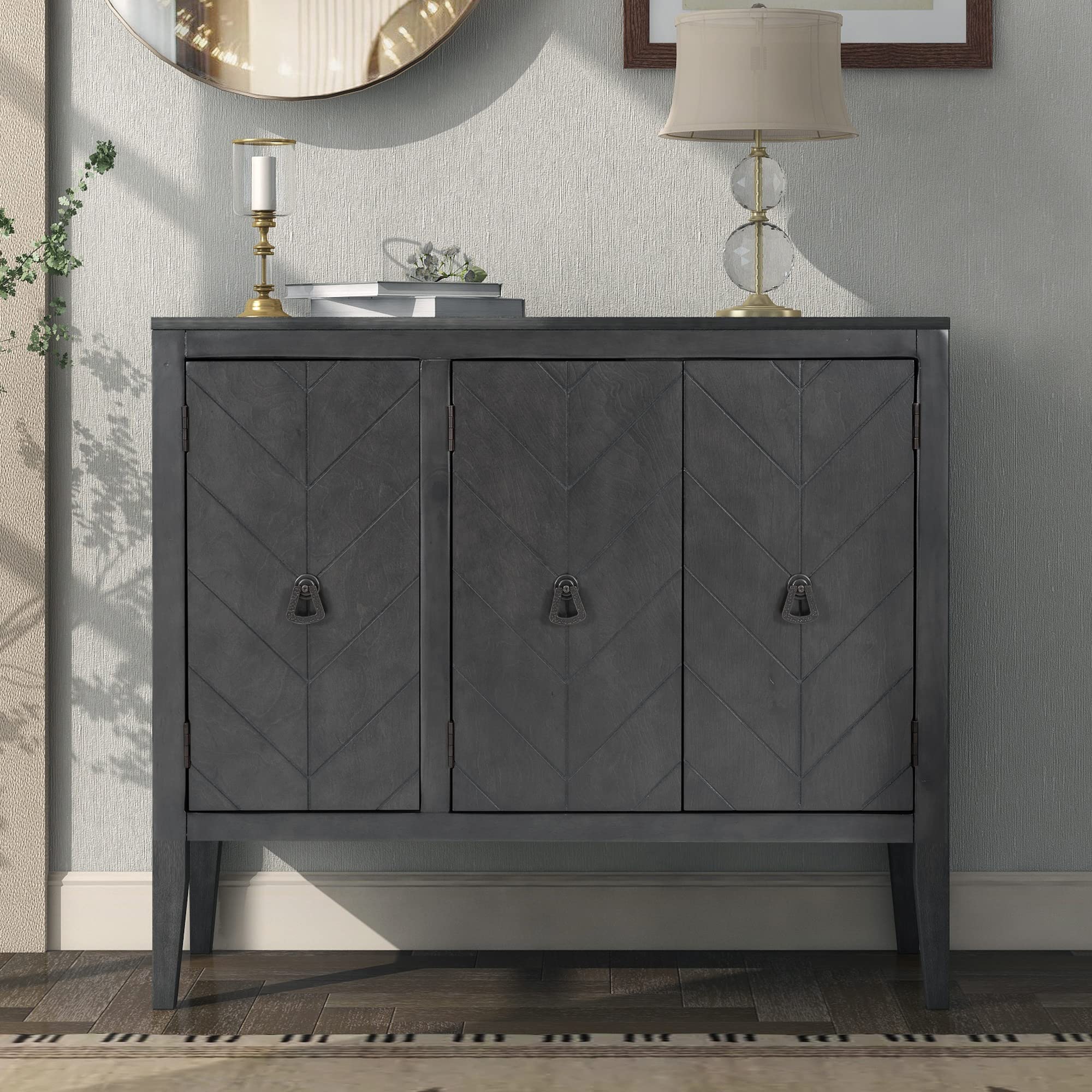 RuiSiSi Antique Grey 3-Door Accent Storage Cabinet with Wood Legs - Entryway, Living Room Sideboard Buffet Console for Home Decor & Organization (0569)