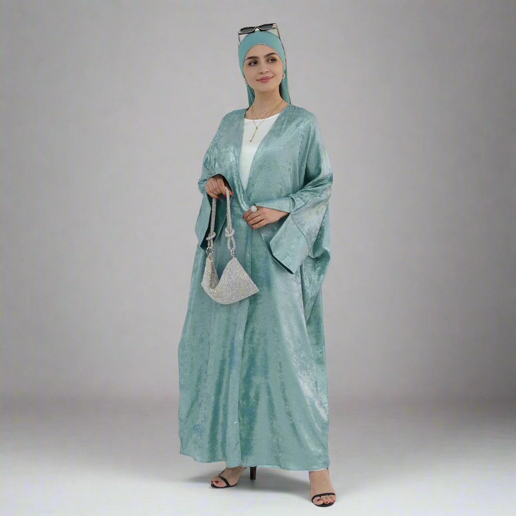 Celine Shimmer Kimono Open Abaya - Elegant Long Sleeve Muslim Dress in Mint Green for Women | Perfect for Prayer, Eid, Wedding & Special Occasions