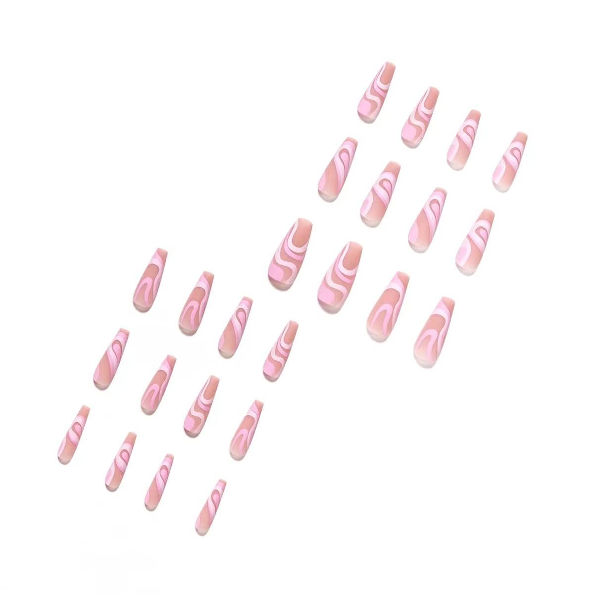 Extra Long Ballet Coffin Press-On Nails - Matte Frosted Fake Nails 24 Pcs for Women & Girls (Rose Color Lines) | Easy Application, Salon-Quality Manicure at Home | Perfect for Parties, Weddings & Special Occasions