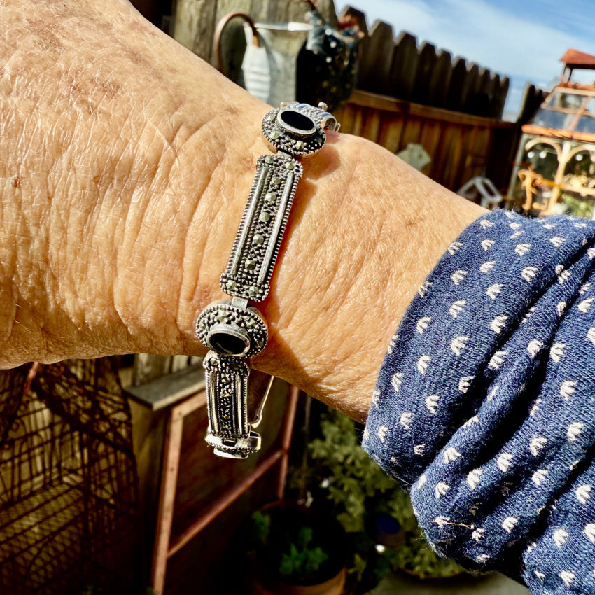 Elegant Sterling Silver Marcasite & Black Enamel Panel Bracelet - Perfect for Evening Wear & Special Occasions