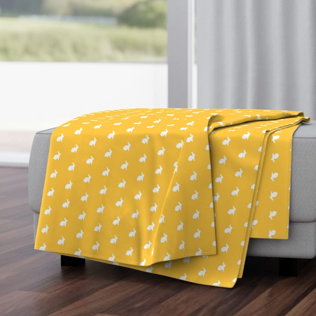 Luxe Velvet Throw Blanket 50x70 Inches - White Bunny & Golden Sunshine Yellow 1950s Rabbit Print Blanket for Sofa, Bed, Couch Decor | Soft Cozy Home Decor Gift