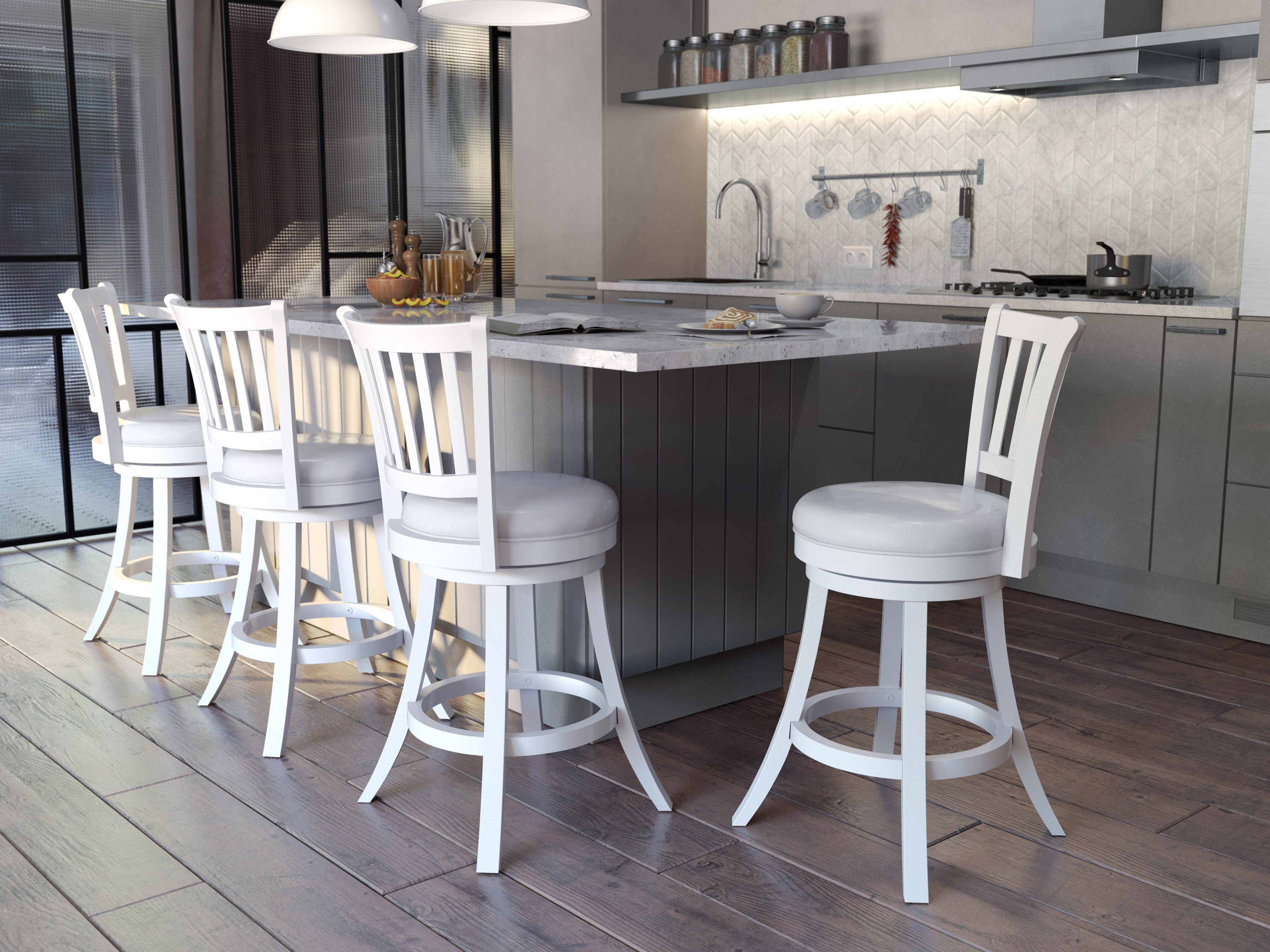 Modern White Bar Stools Set of 2 - Adjustable Height Kitchen Island Stools with Backrest - Counter Height Swivel Stools for Dining Room, Breakfast Nook & Home Bar Decor