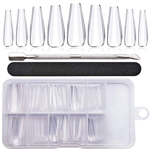 Premium Clear Long Coffin Fake Nails - 100pcs Ballerina Full Cover Acrylic Nail Tips with Nail File, Cuticle Pusher & Storage Case - Salon Quality DIY Nail Art Kit for Women - Perfect for Parties, Weddings & Special Occasions