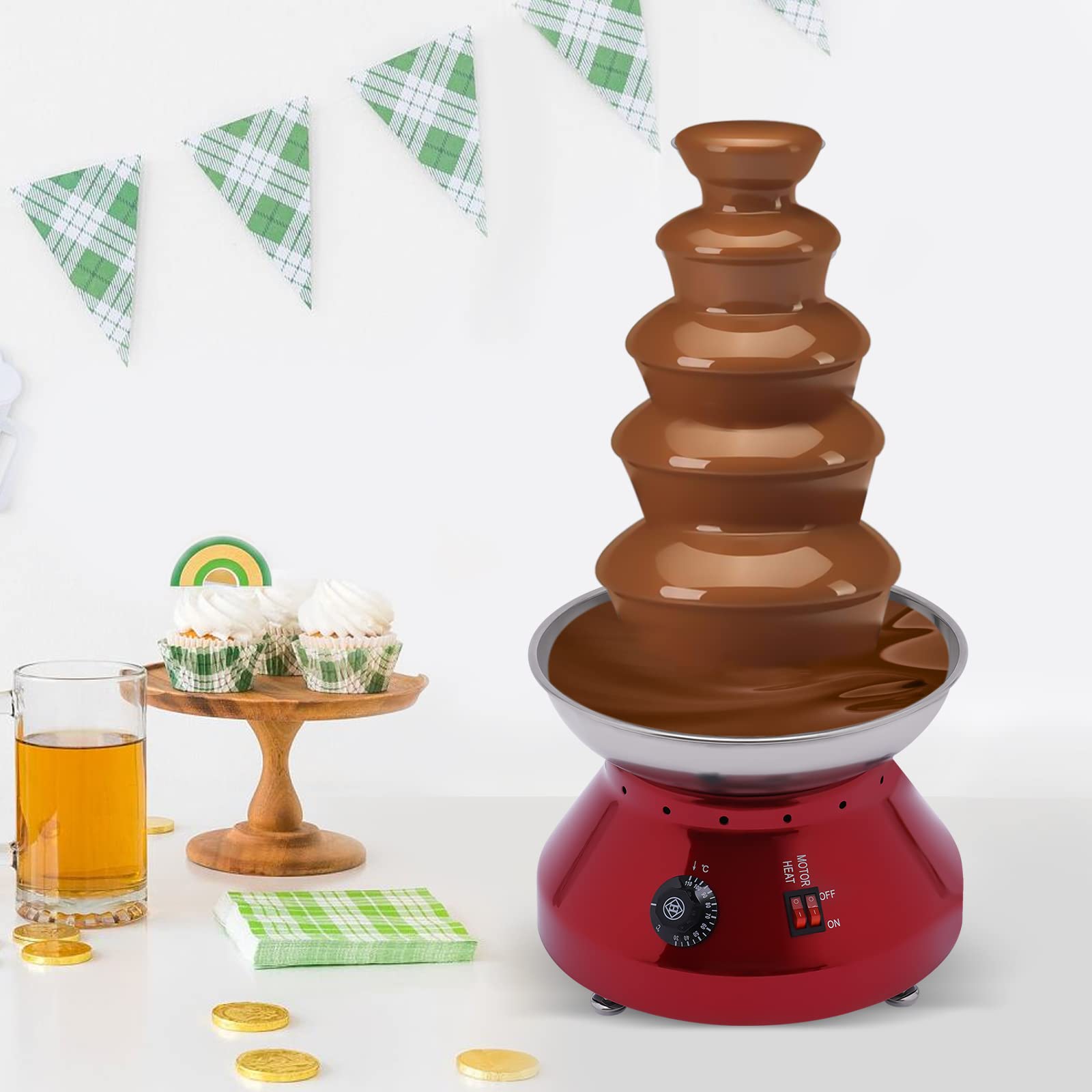 Commercial Chocolate Fountain Machine 7lb Large Capacity - Stainless Steel Hot Chocolate Melting Heater for Fondue, Nacho Cheese & Liqueurs - Perfect for Weddings, Parties & Events (5-Tier, Red)
