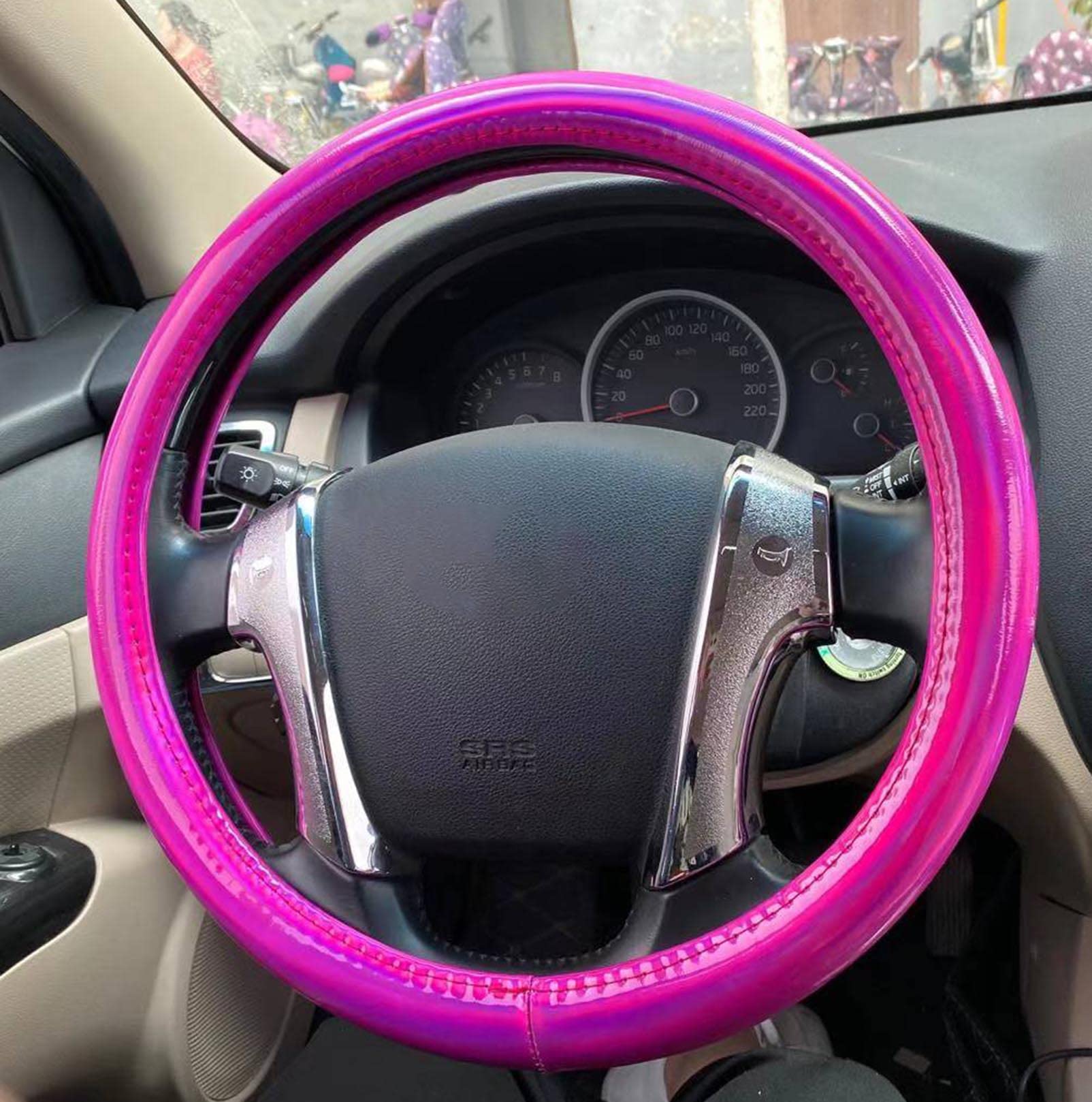Vibrant Rose Red Leather Steering Wheel Cover for Women - 15