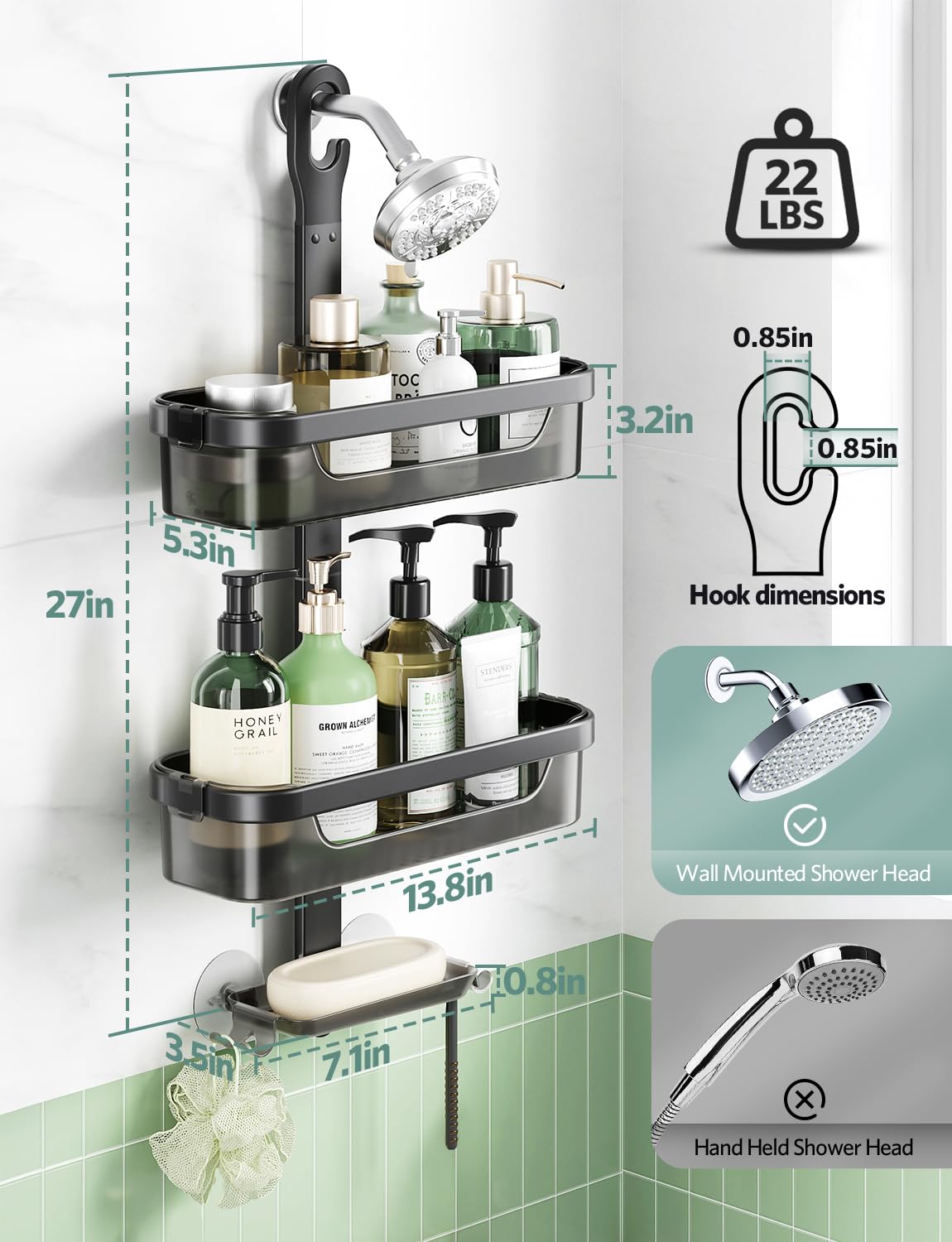LAMU Adjustable Shower Caddy Organizer - 3-Tier Rustproof Aluminum Alloy + ABS Hanging Storage with Hooks, Razor Holder & Soap Dish (Black) - Perfect for Bathroom Organization & Small Space Storage