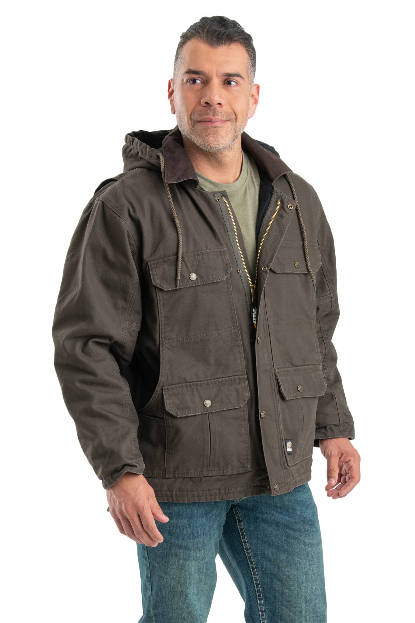 Berne Men's Heartland Washed Duck Zip-Off Hooded Work Jacket - Durable Water-Resistant Coat for Outdoor Work, Hunting & Cold Weather Protection