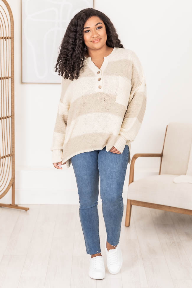 Best Beige Oversized Striped Henley Sweater for Women | Soft & Cozy Pullover | Casual Fall & Winter Fashion | Perfect for Layering, Coffee Dates & Weekend Outings